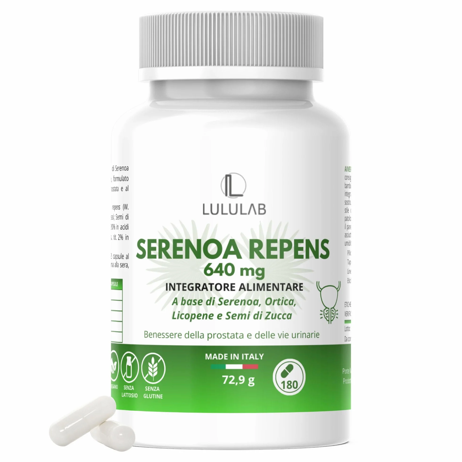 Lululab® Serenoa Repens Prostata 640 mg Saw Palmetto con Semi di Zucca, Ortica e Licopene Integratore Supporto Benessere Maschile 180 Capsule