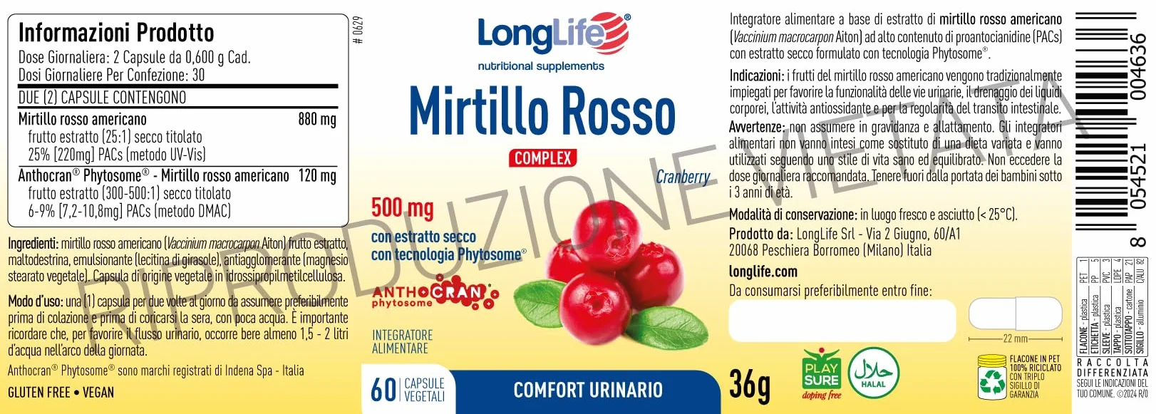 LongLife® Mirtillo Rosso Complex | Comfort urinario | Funzione depurativa e antiossidante | 1 mese di trattamento | Vegano e senza glutine