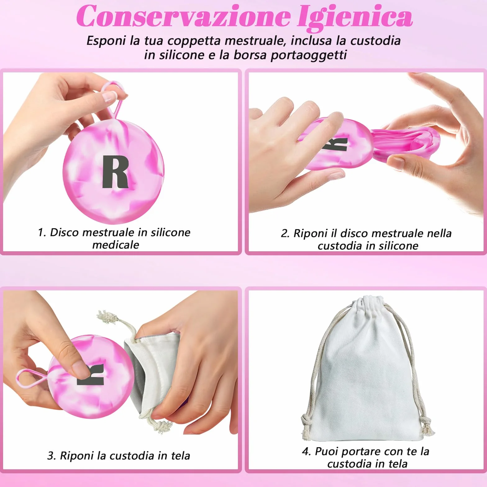 Robofun Disco mestruale, 2 pezzi (S+L) - Coppa mestruale riutilizzabile in silicone medico 100% per tutte le correnti, senza pericolo per lo sport e il nuoto -Bianco&Viola