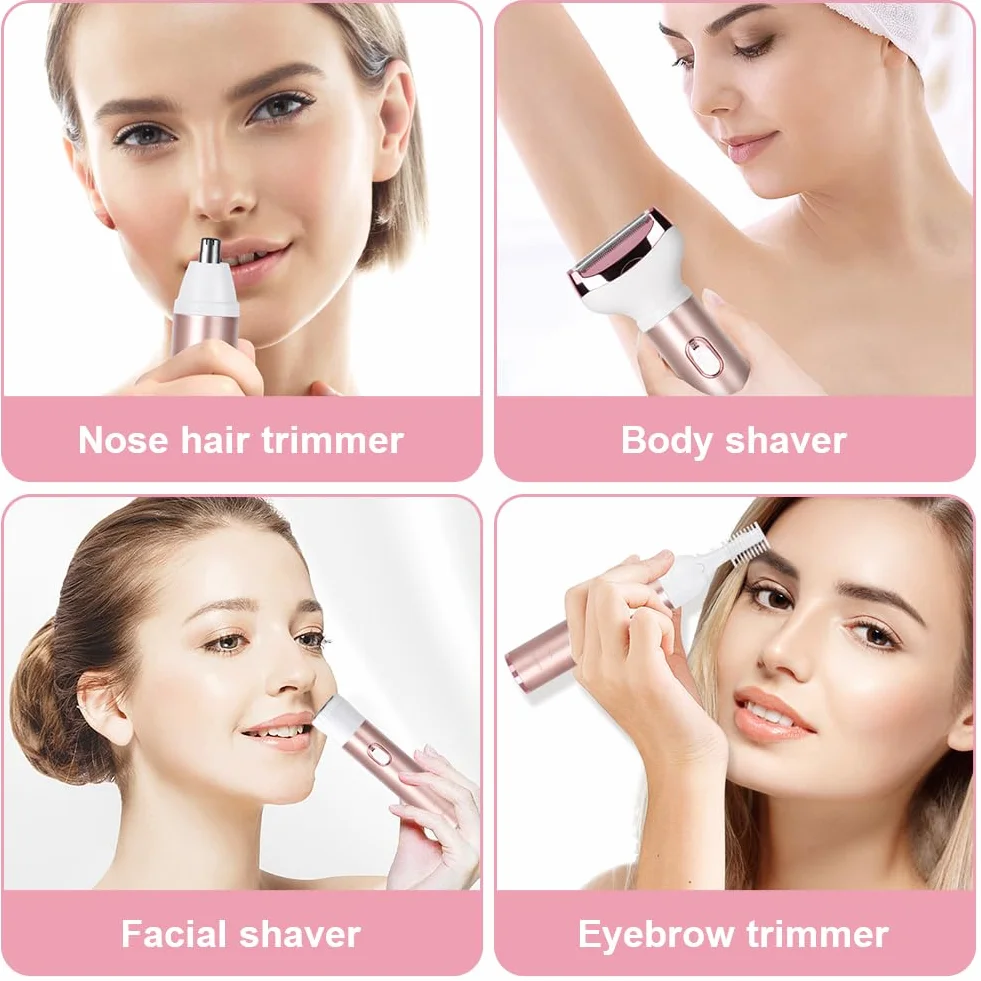 ACWOO Rasoio Elettrico Donna, 4 in 1 Epilatore Senza Fili, Ricaricabile Epilatore viso, Depilatore Donna Multifunzione a Secco e Bagnato per Una Rasatura Delicata e Accurata, Impermeabile