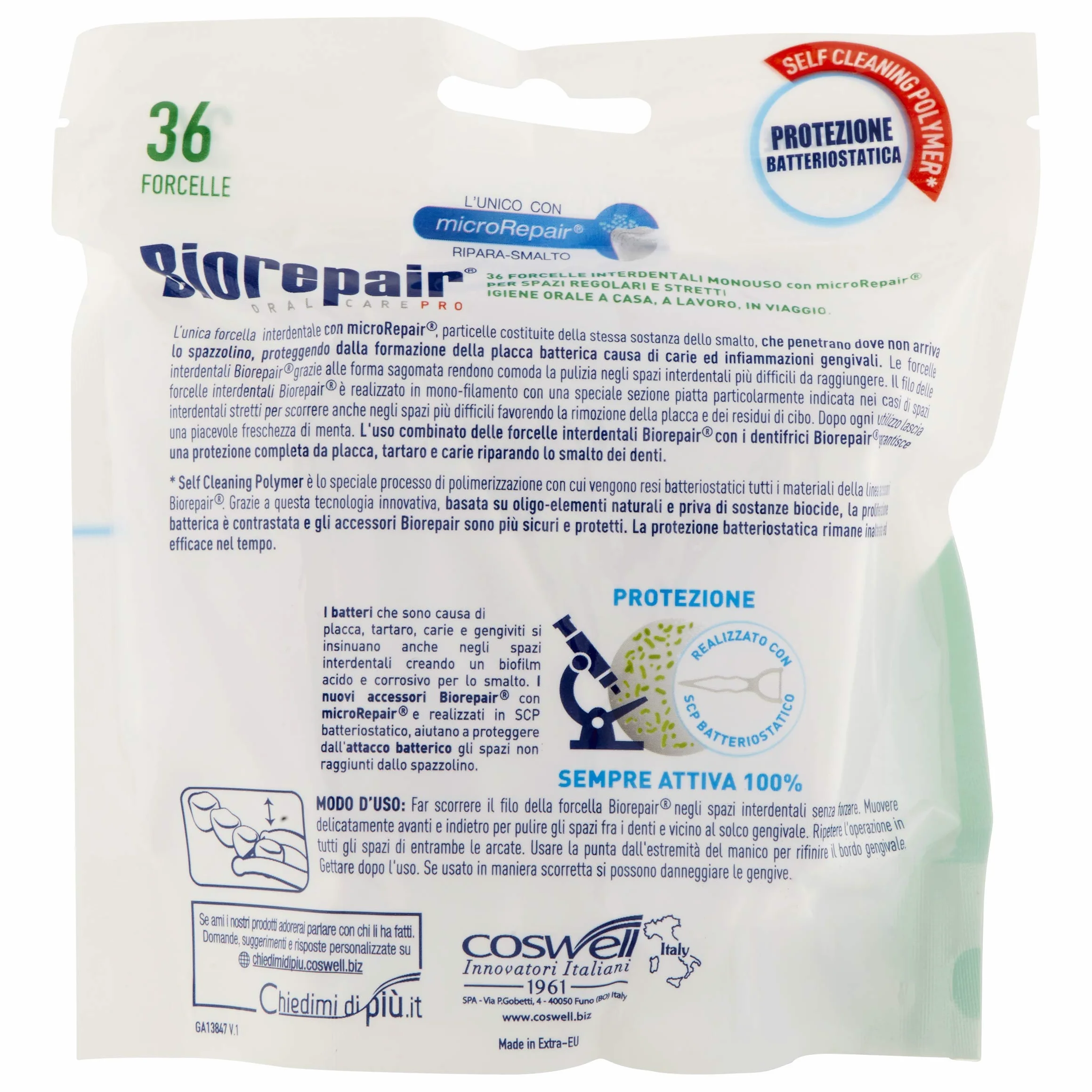 Biorepair, Forcelle Interdentali Monouso Con Microrepair® per Spazi Regolari e Stretti, per Igiene Orale, Ripara-Smalto, Aroma Menta Fresca, Pacco da 6 x 36 Pezzi