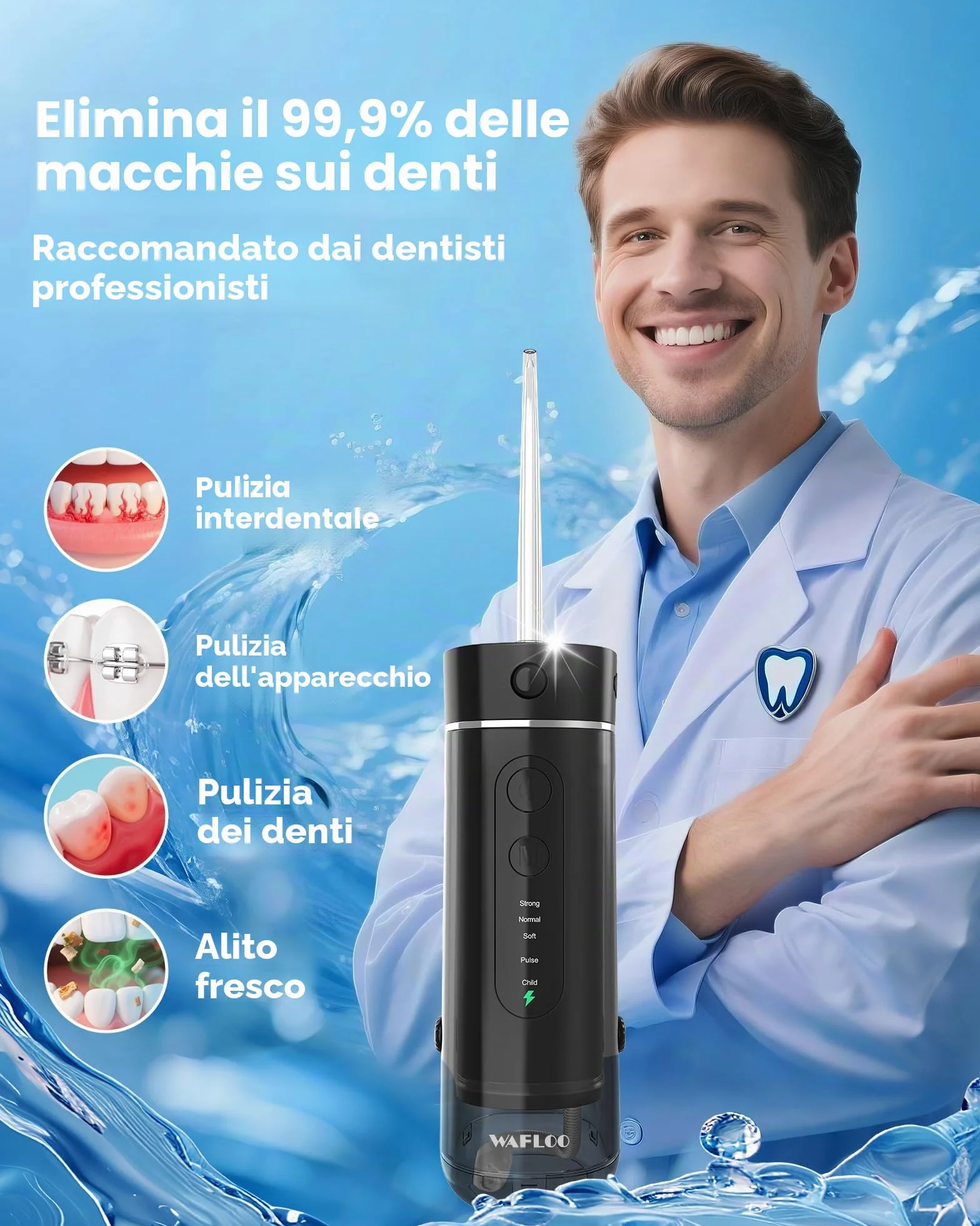 Idropulsore Dentale Portatile, 5 Modalità, Serbatoio 180ml, Impermeabile IPX7, Mini Irrigatore Orale da Viaggio, Water Flosser per Casa e Spostamenti