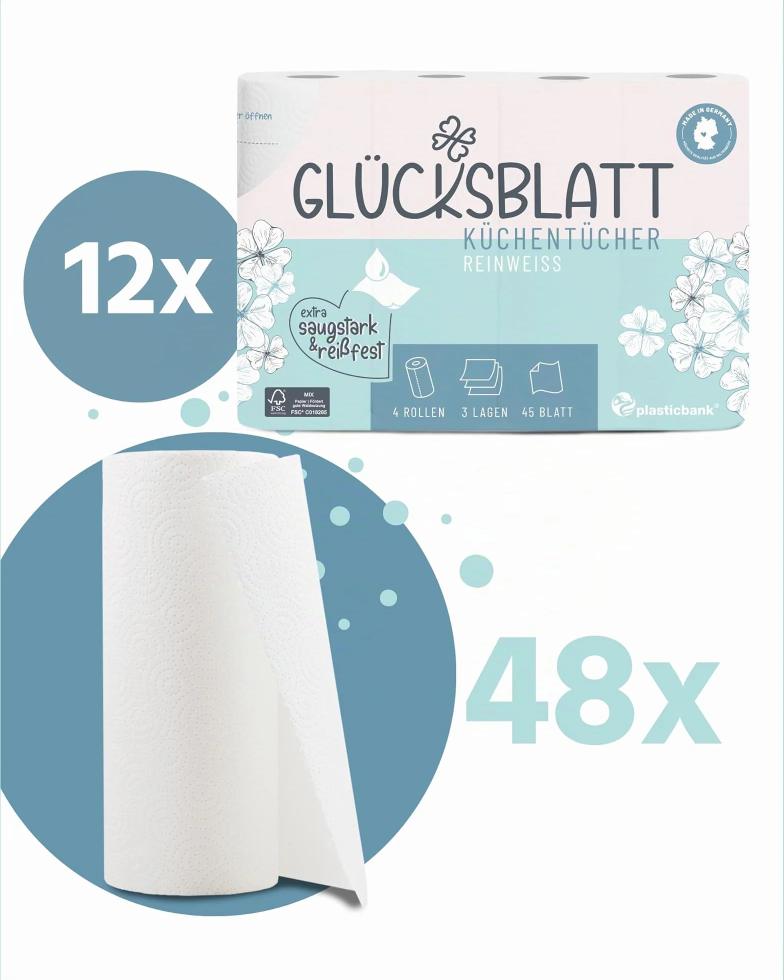 Glücksblatt Asciugamani da cucina 48 rotoli 45 fogli 3 strati 100% polpa assorbenti carta da cucina