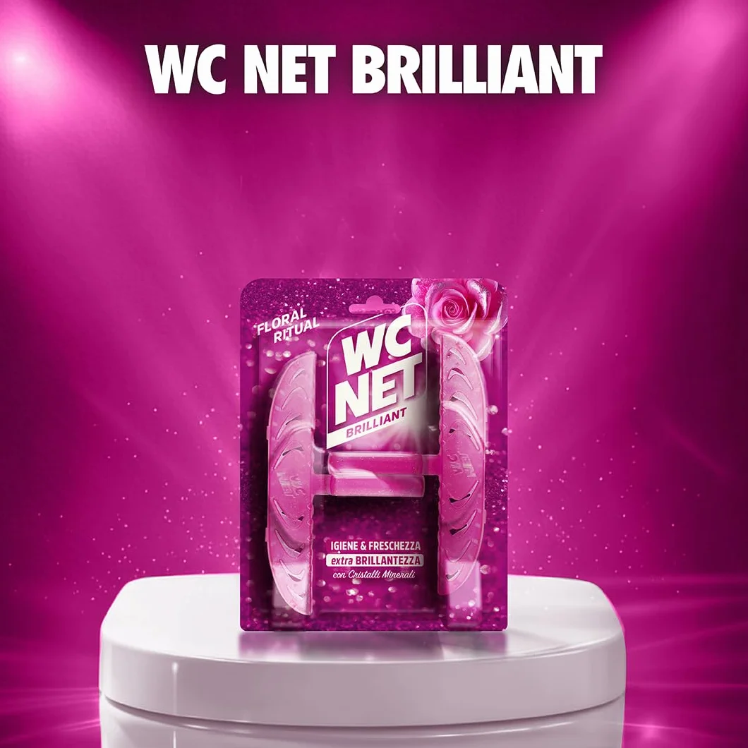 Wc Net - Tavoletta Brilliant Floral Ritual, Detergente Igienizzante Solido per Wc, Igiene, Texture Glitterata e Piacevole profumo di Lunga Durata, 2 Pezzi