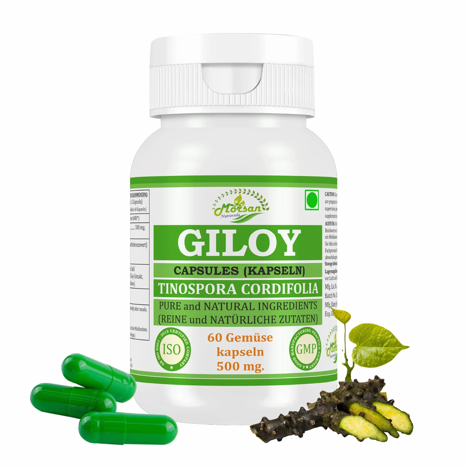 Giloy (Guduchi) Capsule 500 mg – 60 Capsule vegane | Estratto di Tinospora cordifolia ad alto dosaggio (10:1) | Integratore alimentare ayurvedico per uomini e donne (1 flacone da 60 capsule)