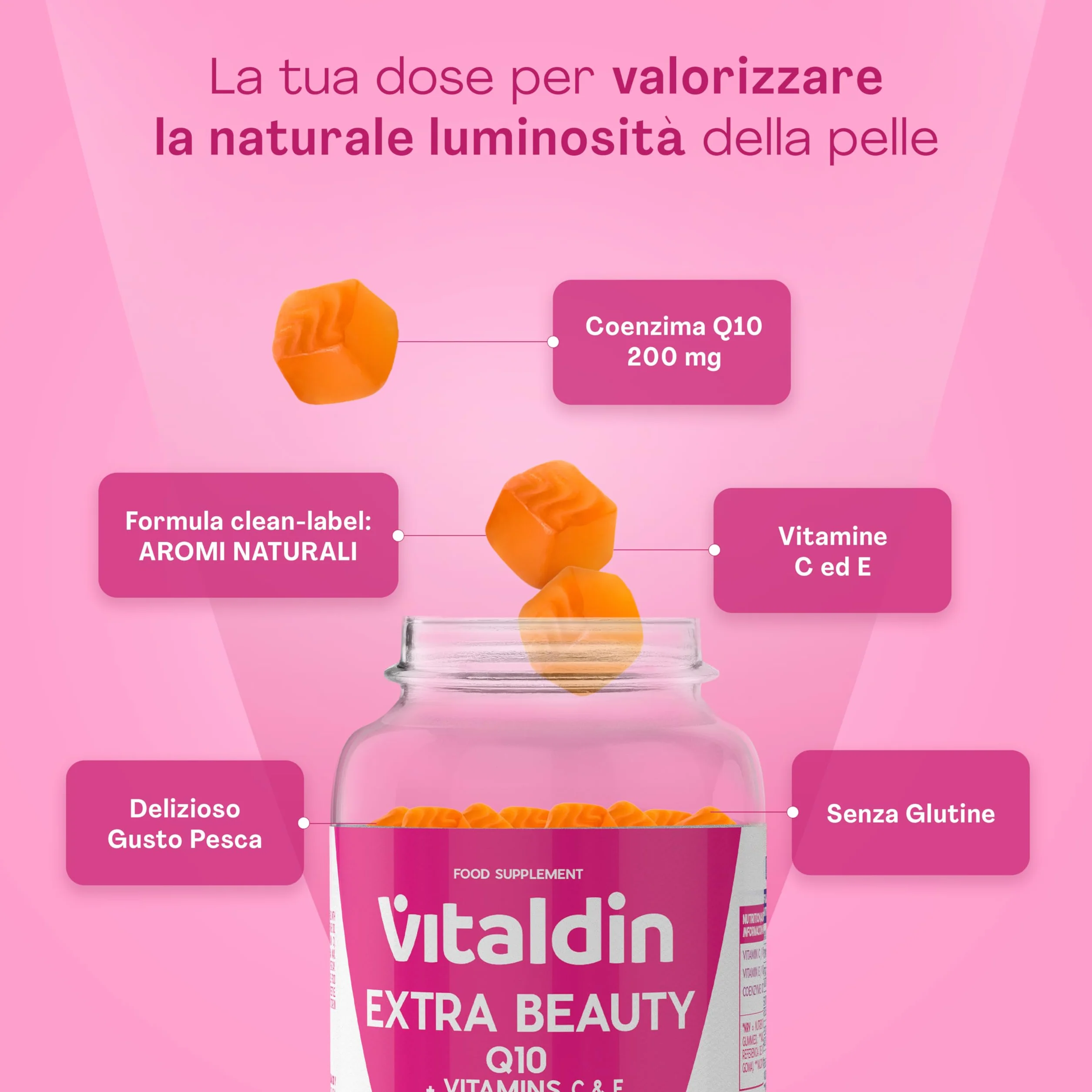 VITALDIN Coenzima Q10 Gummies – Integratore di Bellezza – 200 mg di CoQ10 per dose + Vitamina C & E – 50 Caramelle Gommose (fornitura per 1 mese), Gusto Pesca – Antiossidante – Senza Glutine
