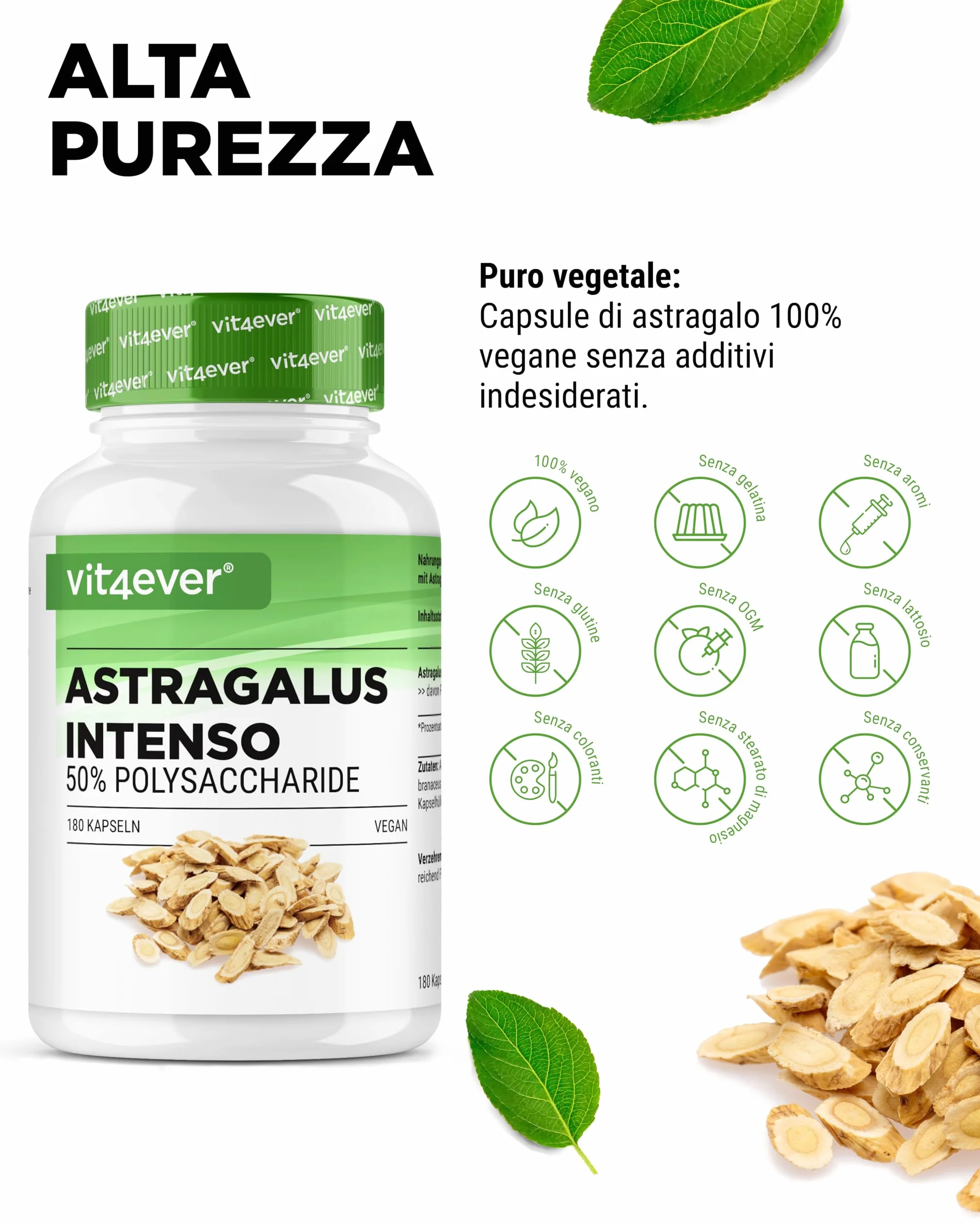 Vit4ever Astragalo 1400 mg Estratto Puro 180 Capsule 50% Polisaccaridi Integratore Vegano