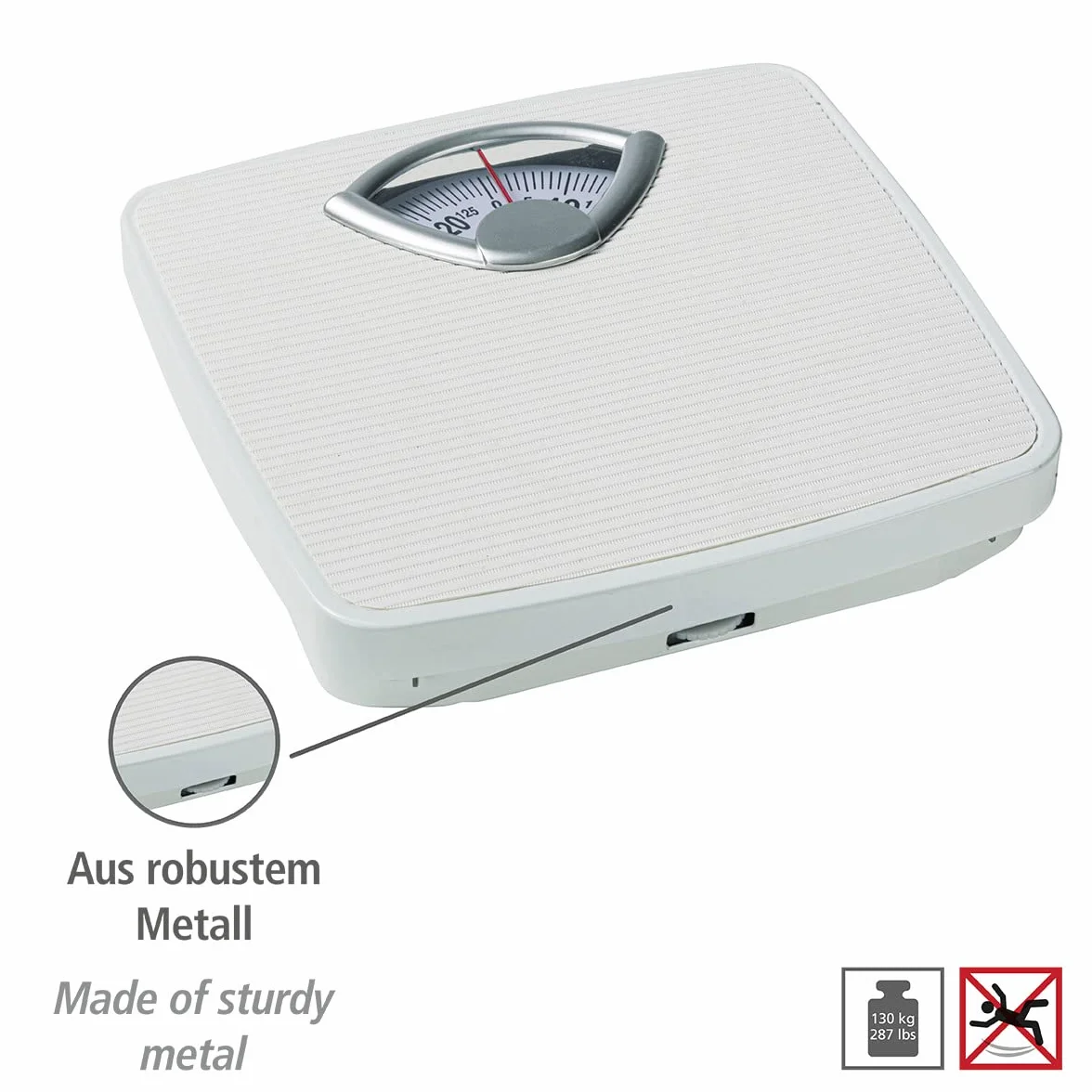 Bilancia meccanica, precisa e analogica WENKO con ampia scala e battistrada antiscivolo, campo di misura fino a 130 kg con incrementi di 1 kg, alloggiamento in metallo bianco, 27 x 4,5 x 26,5 cm