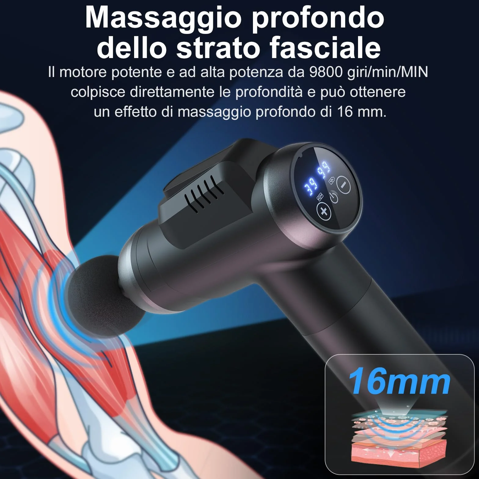 Pistola Massaggio Muscolare Professionale con 99 Velocità Regolabili, 6 Testine Intercambiabili e Display LCD Tattile Silenzioso per Massaggio Profondo - Allevia Dolori Muscolari di Schiena