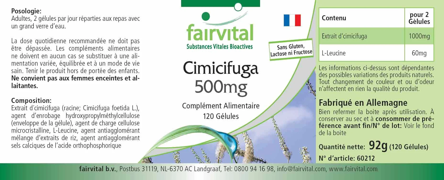 Fairvital Cimicifuga 500mg 120 capsule 1000mg per dose vegano Prodotto in Germania
