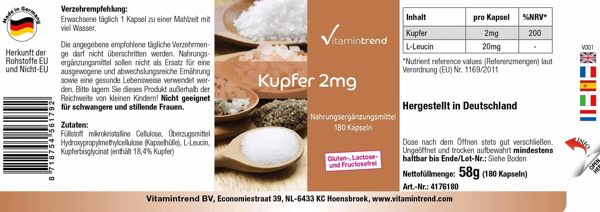 Vitamintrend rame 2 mg, 180 capsule, facili da deglutire, ad alto dosaggio, integratore alimentare vegano senza magnesio stearato, prodotto in Germania