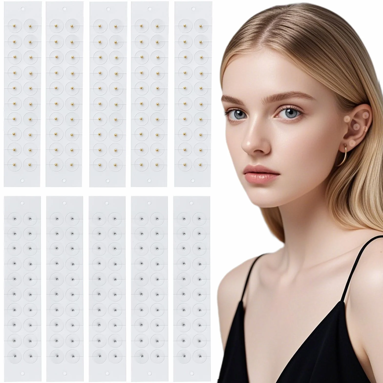 200 PCS Semi Dell'orecchio Agopuntura Auricolare Cerotti Monouso per Digitopressione Auricolare Adatto per Massaggi Di Digitopressione per Alleviare Lo Stress Terapia Multifunzionale（ Oro+Argento）