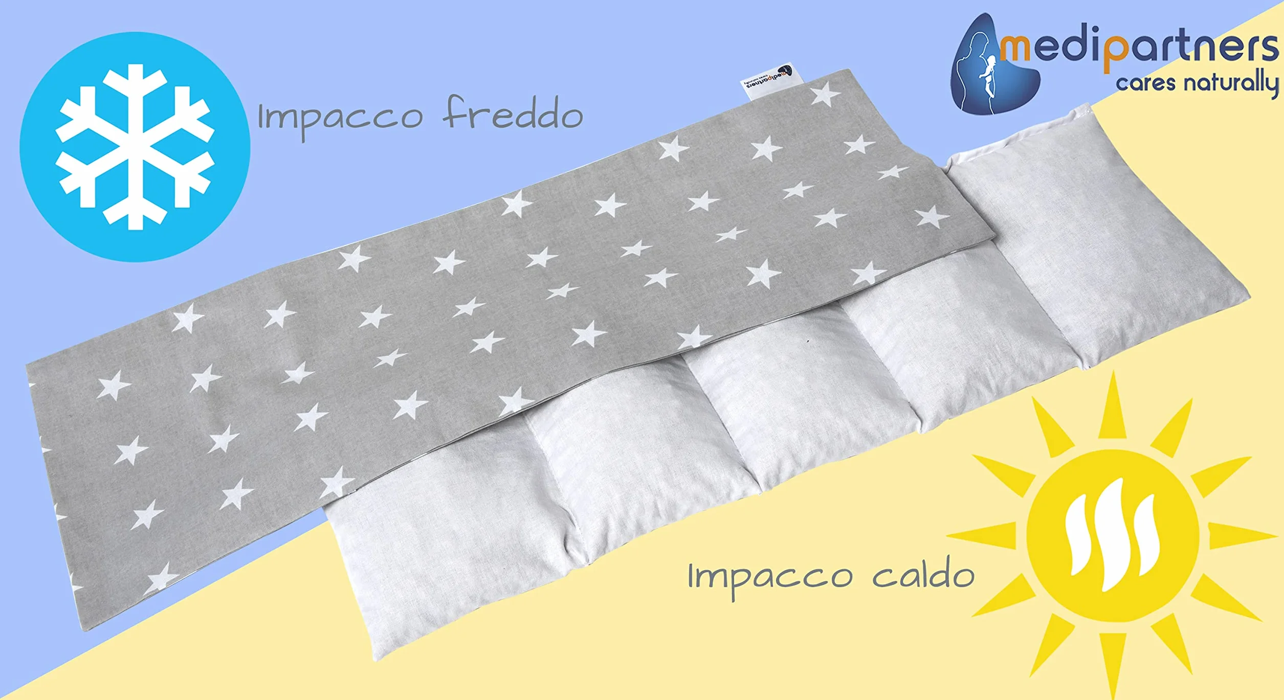 Medi Partners Cuscino Termico noccioli ciliegio 60x20cm 800g 100% Cotone 5 Camere Grande Terapia del freddo Federa sfoderabile (Stelle)