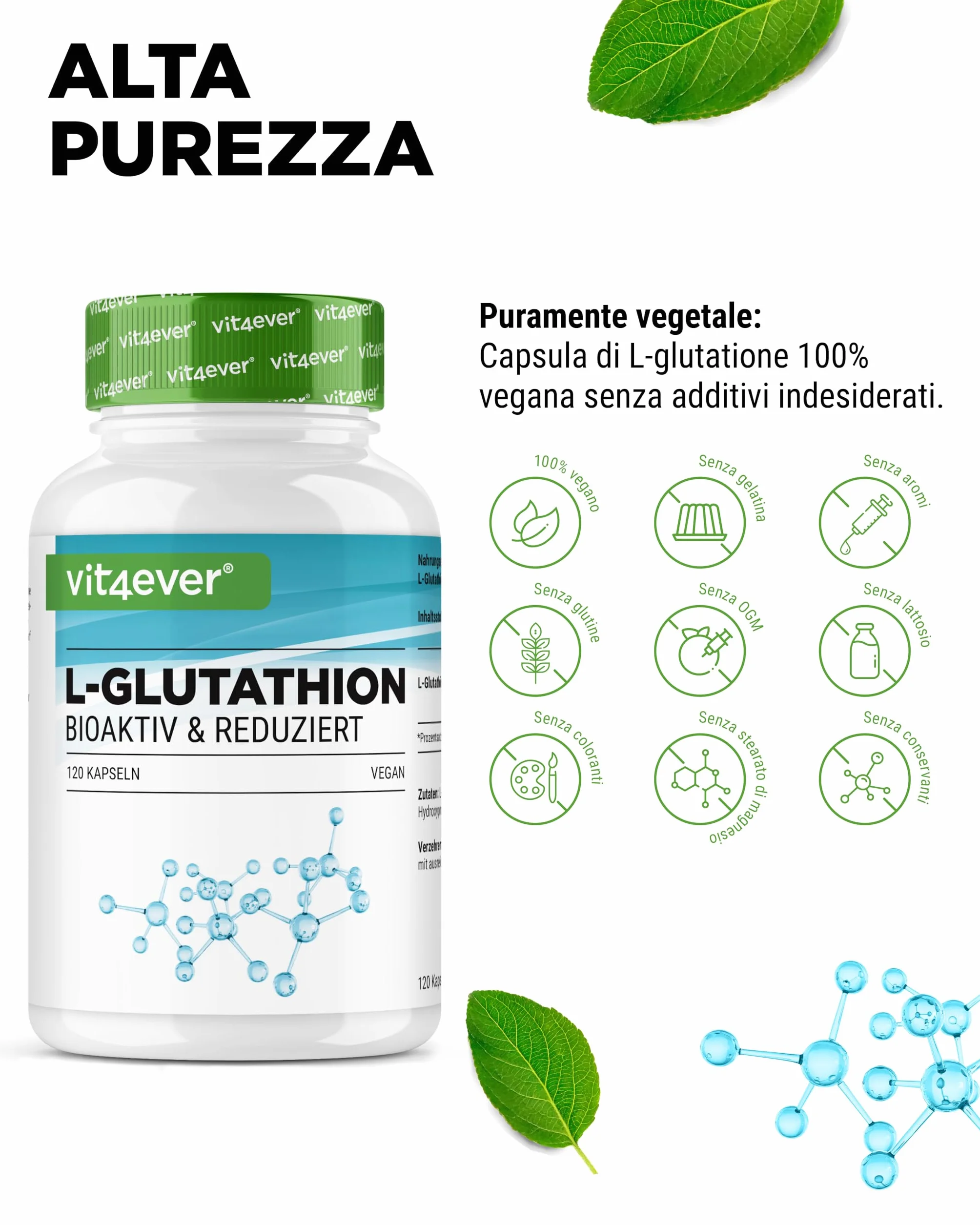 L-Glutatione - 120 capsule con 500 mg per capsula - Premium: glutatione ridotto e bioattivo da fermentazione - Altamente dosato - Vegan