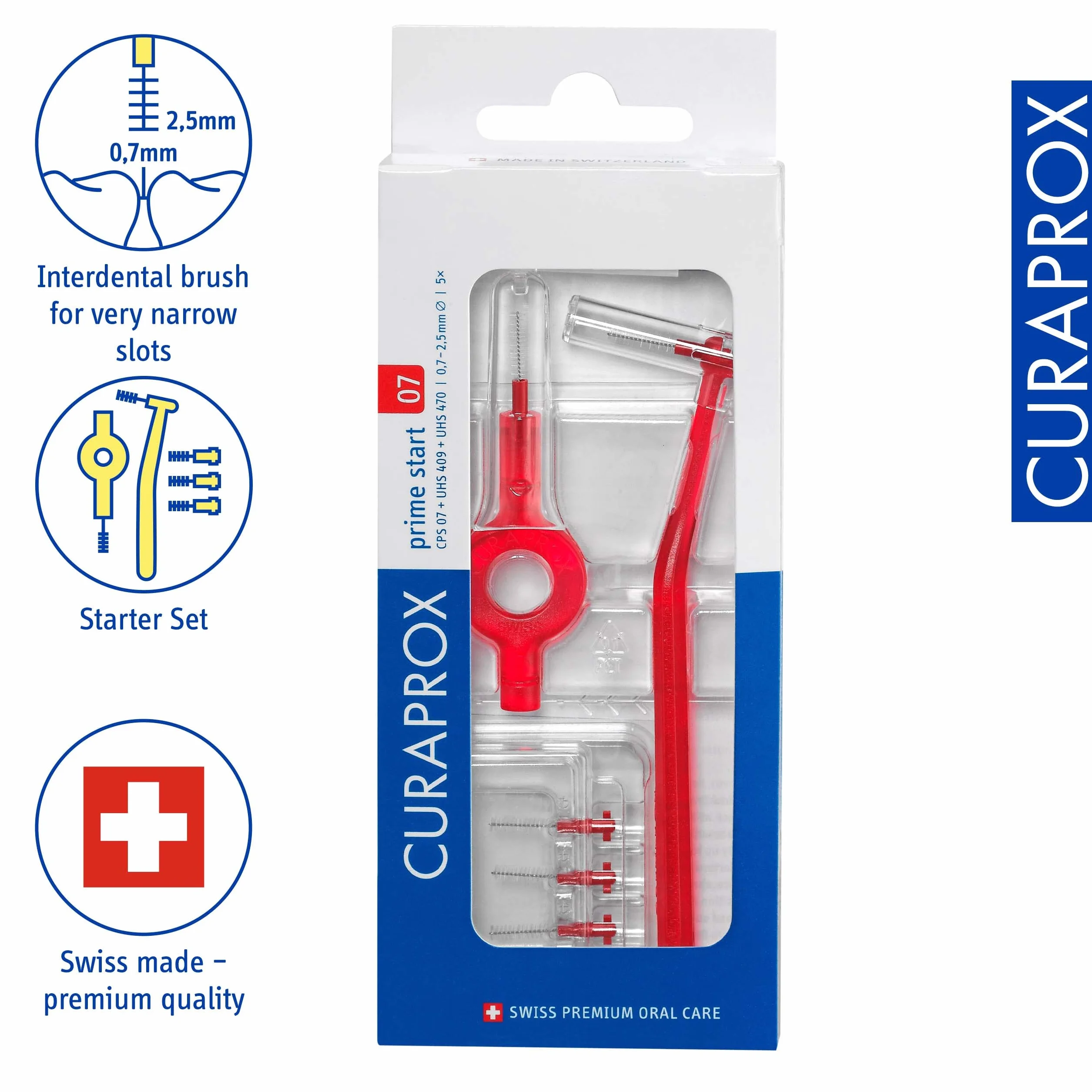 Curaprox CPS 07 Prime Start interdentale Brush Set 5 spazzole 2 titolari 0.7 mm 2.5 mm Swiss Made