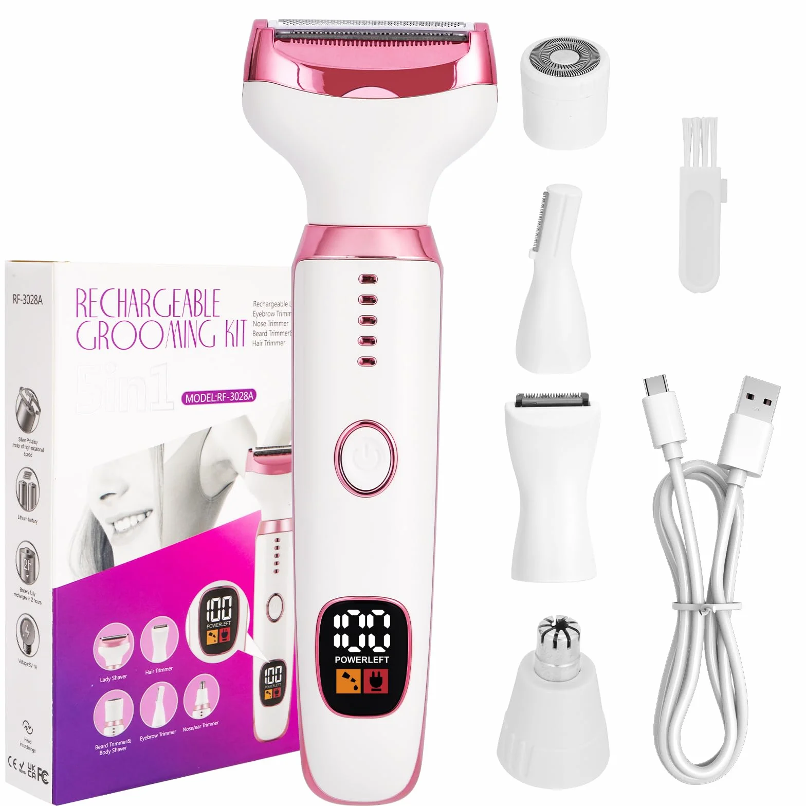 Rasoio Elettrico per le Donne, Rasoio Elettrico 5-in-1 per il Corpo, Rasoio Secco Bagnato Indolore per Bikini, Ascelle, Gambe, Sopracciglia e naso, Ricarica USB