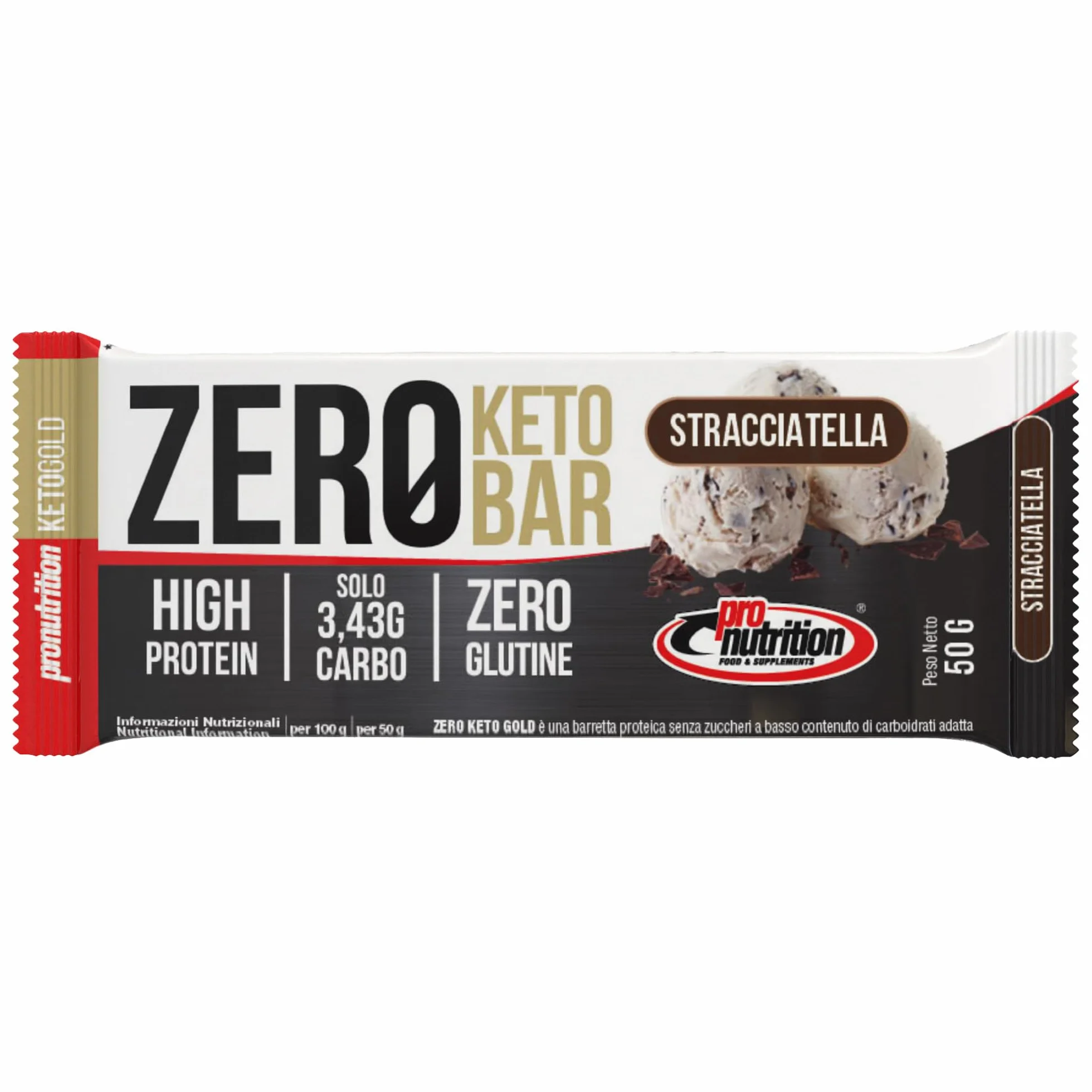 Pronutrition Zero Keto Bar Proteica 40% con Proteine Isolate del Siero del Latte Barretta Low Carb 3,4 g Carboidrati Senza Glutine Stracciatella