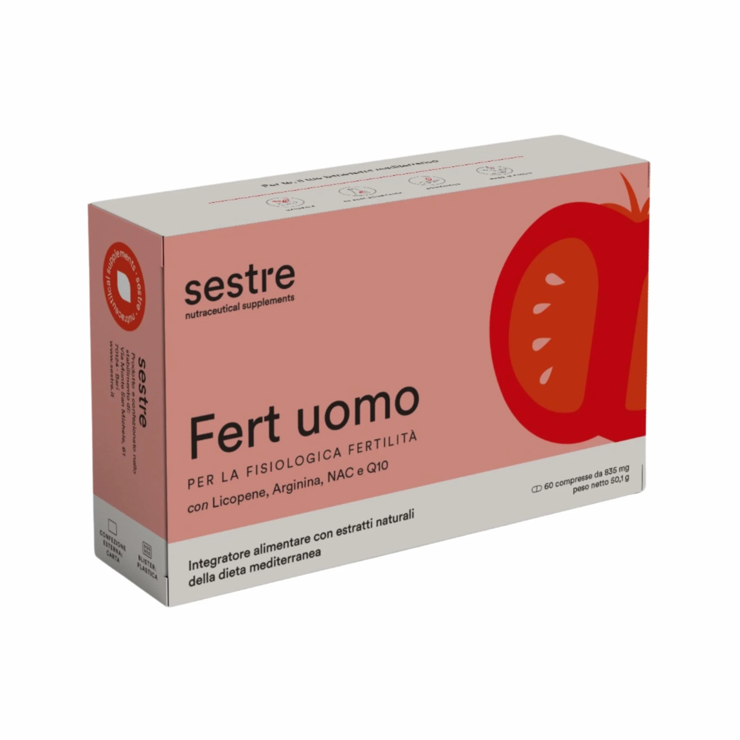 Sestre Fert Uomo, Integratore per la Fertilità Maschile, Aiuta a Mantenere Normali i Livelli di Testosterone, con Licopene, Selenio, Zinco e Altri Attivi Nutraceutici, 60 Compresse