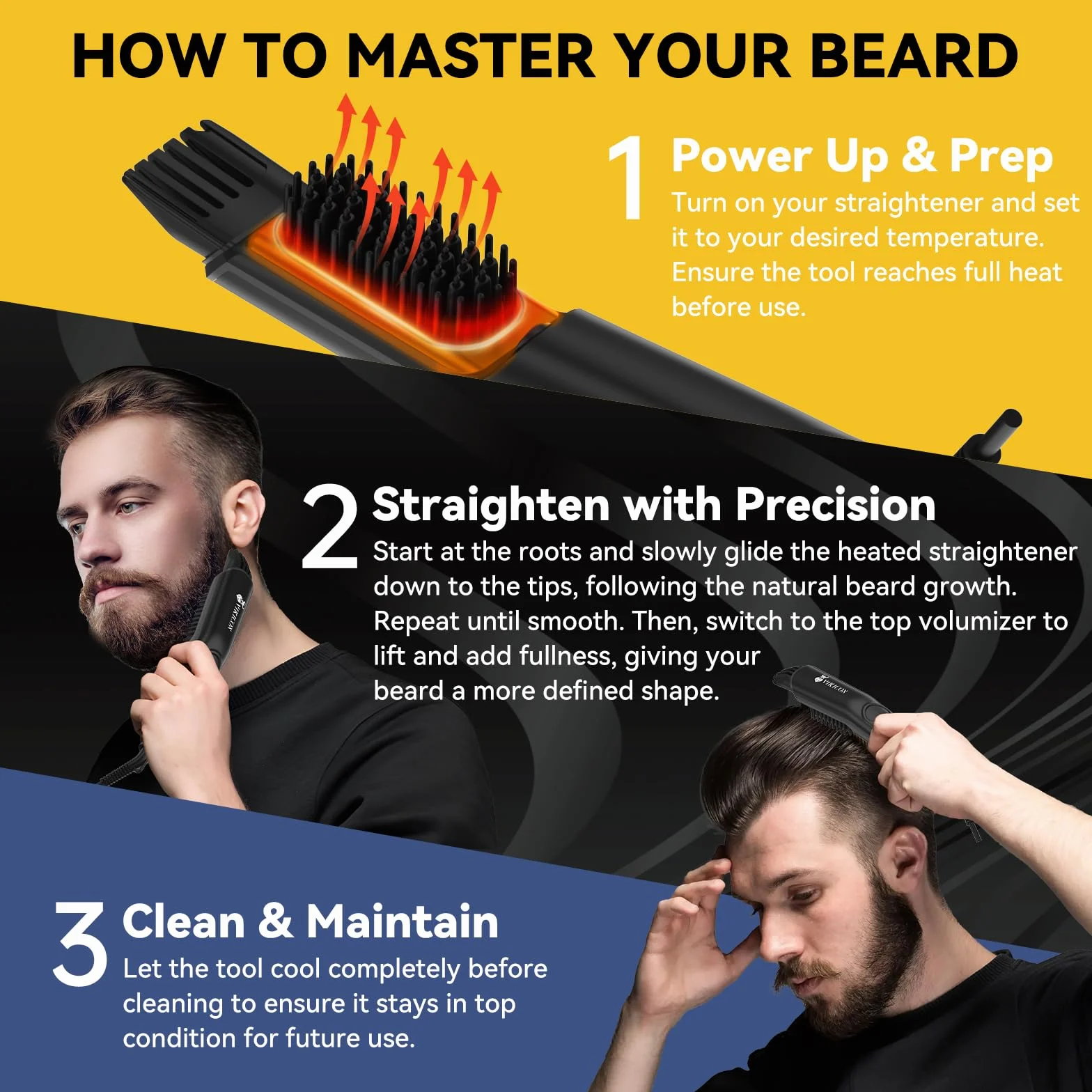 VIKICON Spazzola 3 in 1 per Uomo, Pettine Professionale Con Volumizzatore, 4 Livelli di Calore (120-220℃), Piastra Lisciante per Barba Agli Ioni, Spazzola per Casa/Viaggio