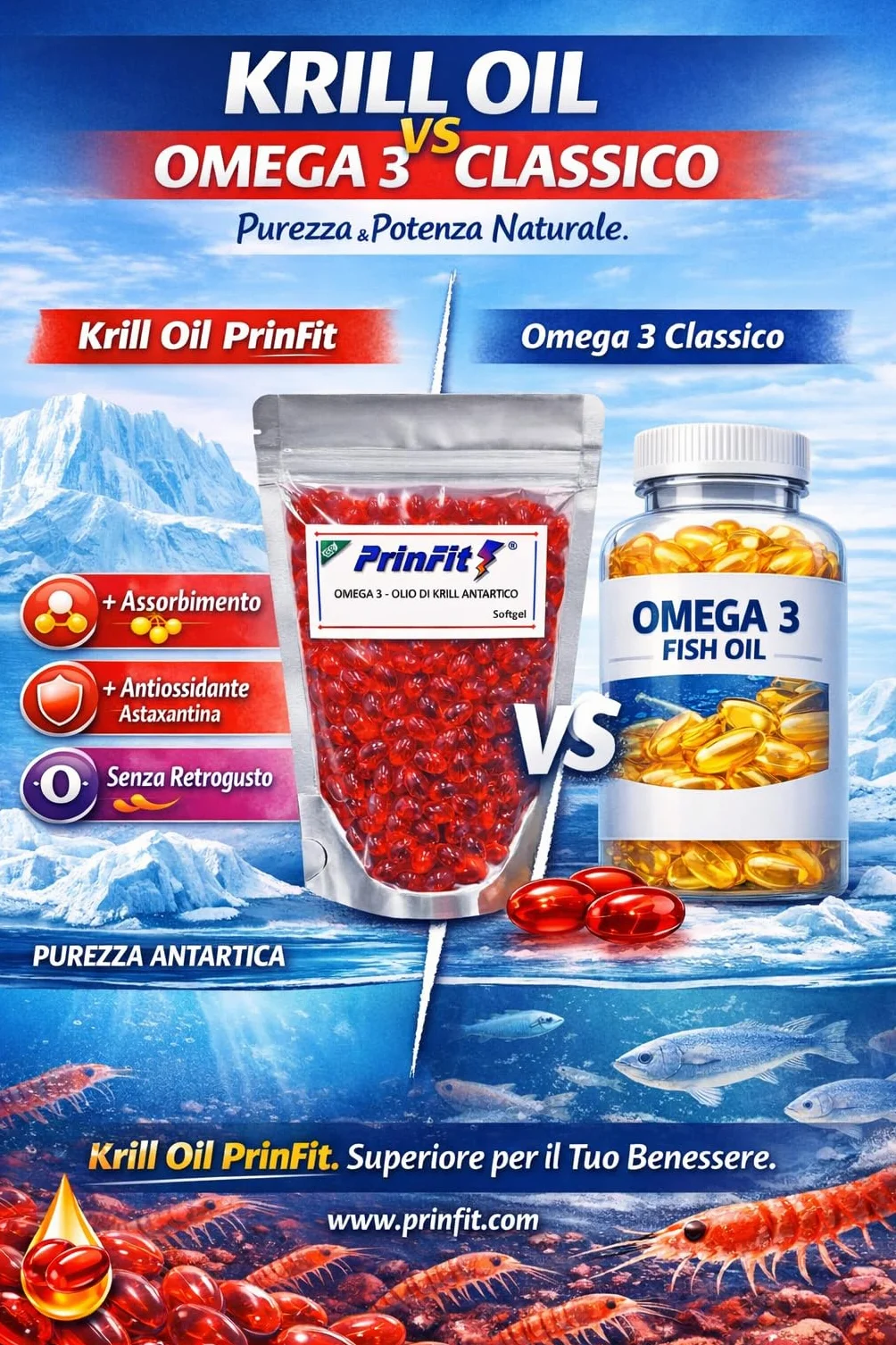 Olio di Krill Omega 3 Puro PrinFit - Ricco di EPA e DHA, Fosfolipidi Marini, Astaxantina - 100 Capsule molli