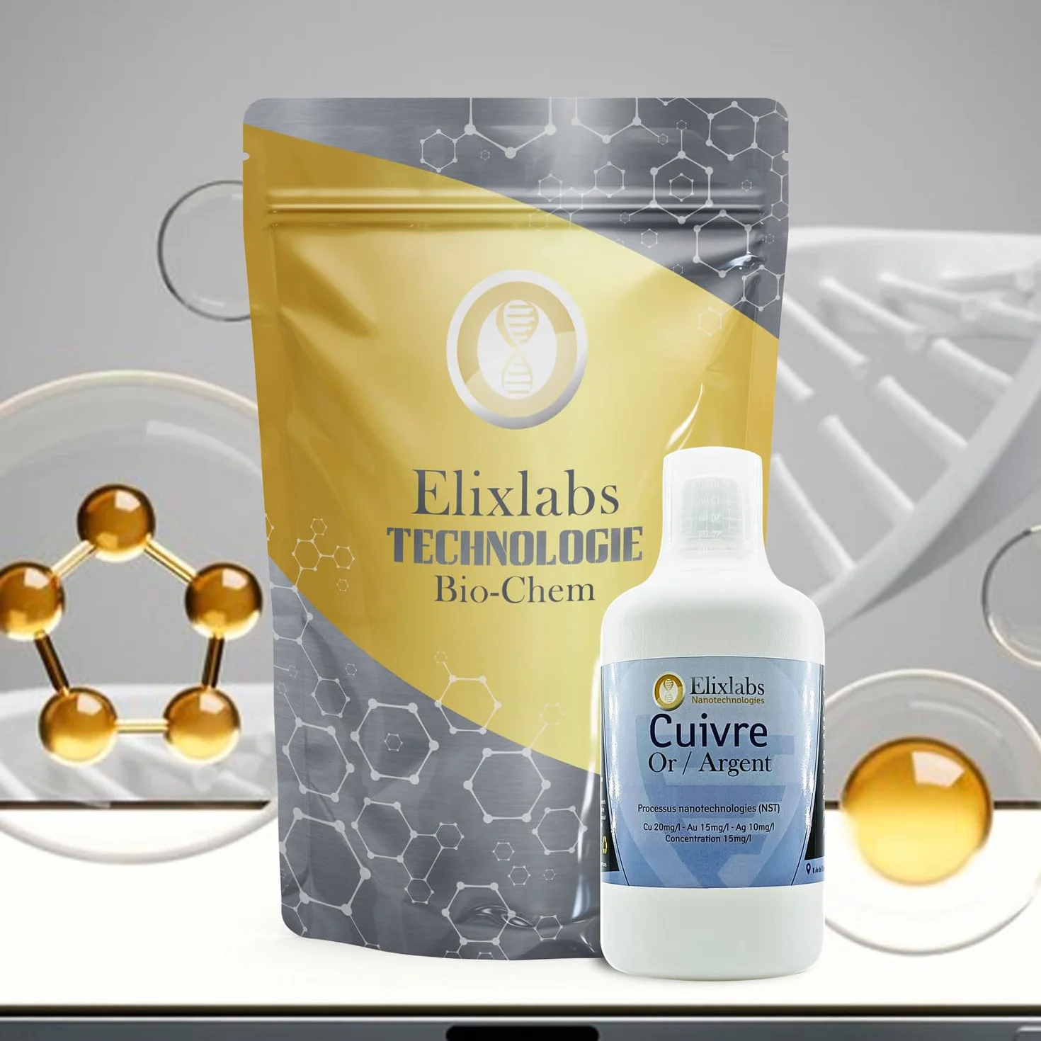 Rame oro argento - concentrazione di 10 mg/l (CU 8 mg/l – A 12 mg/l – Ag 10 mg/l) - 500 ml. Elixlabs® produzione francese di alta qualità e 100% naturale laboratorio certificato (Neutre)
