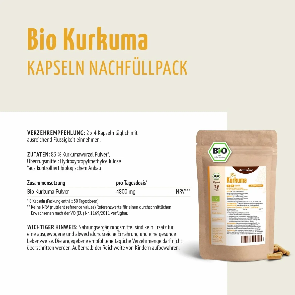 Capsule di curcuma biologiche 4800 mg 400 pezzi ricarica Achterhof
