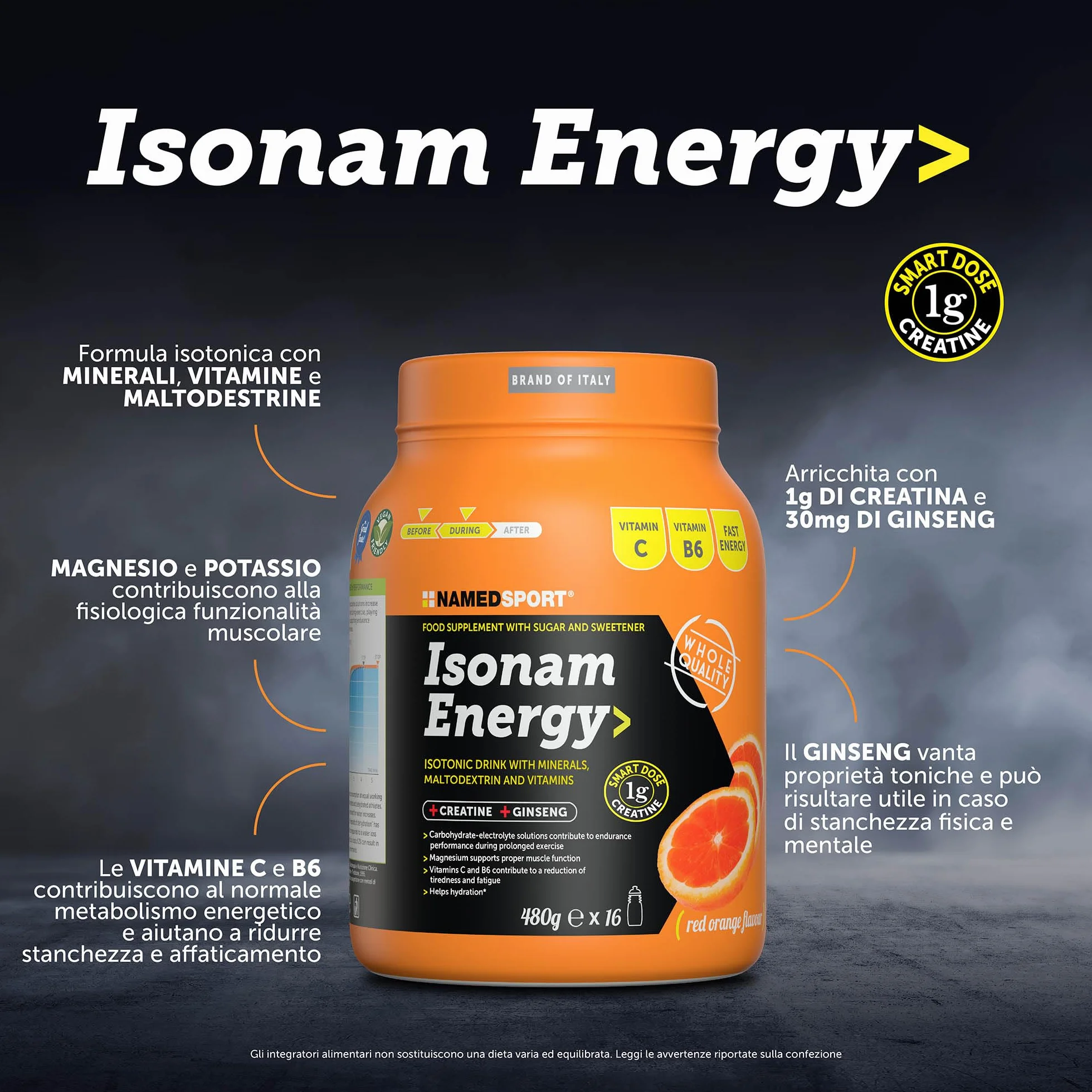 NAMEDSPORT Isonam Energy ORANGE - 480g, Aiuta ad integrare le perdite idrosaline, contribuisce al normale metabolismo energetico, 1 barattolo, contiene 1g di Creatina