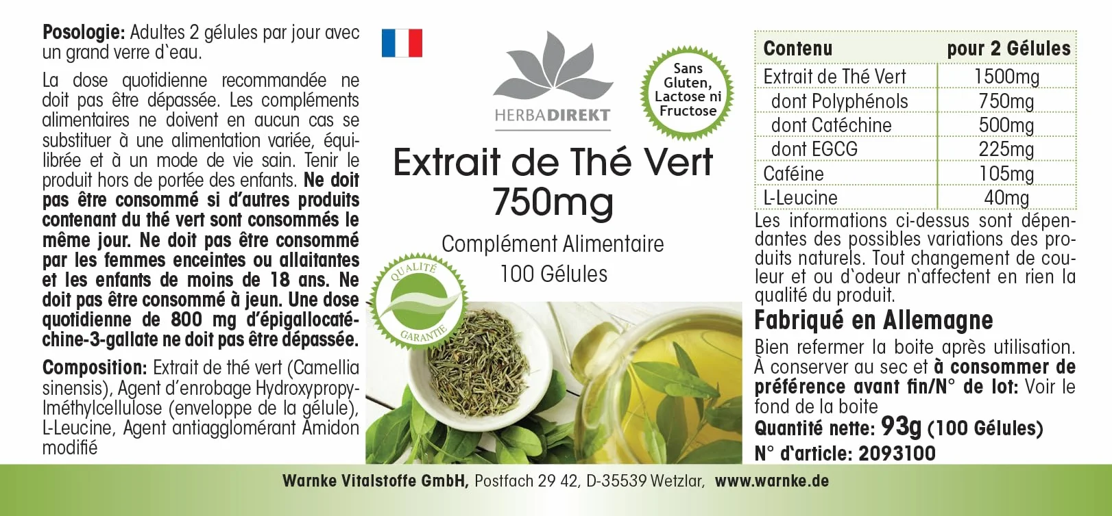 Estratto di tè verde 750 mg capsule - 100 capsule - polifenoli - catechine - EGCG - caffeina - ad alto dosaggio - vegano | HERBADIREKT by Warnke Vitalstoffe - Qualità farmaceutica tedesca