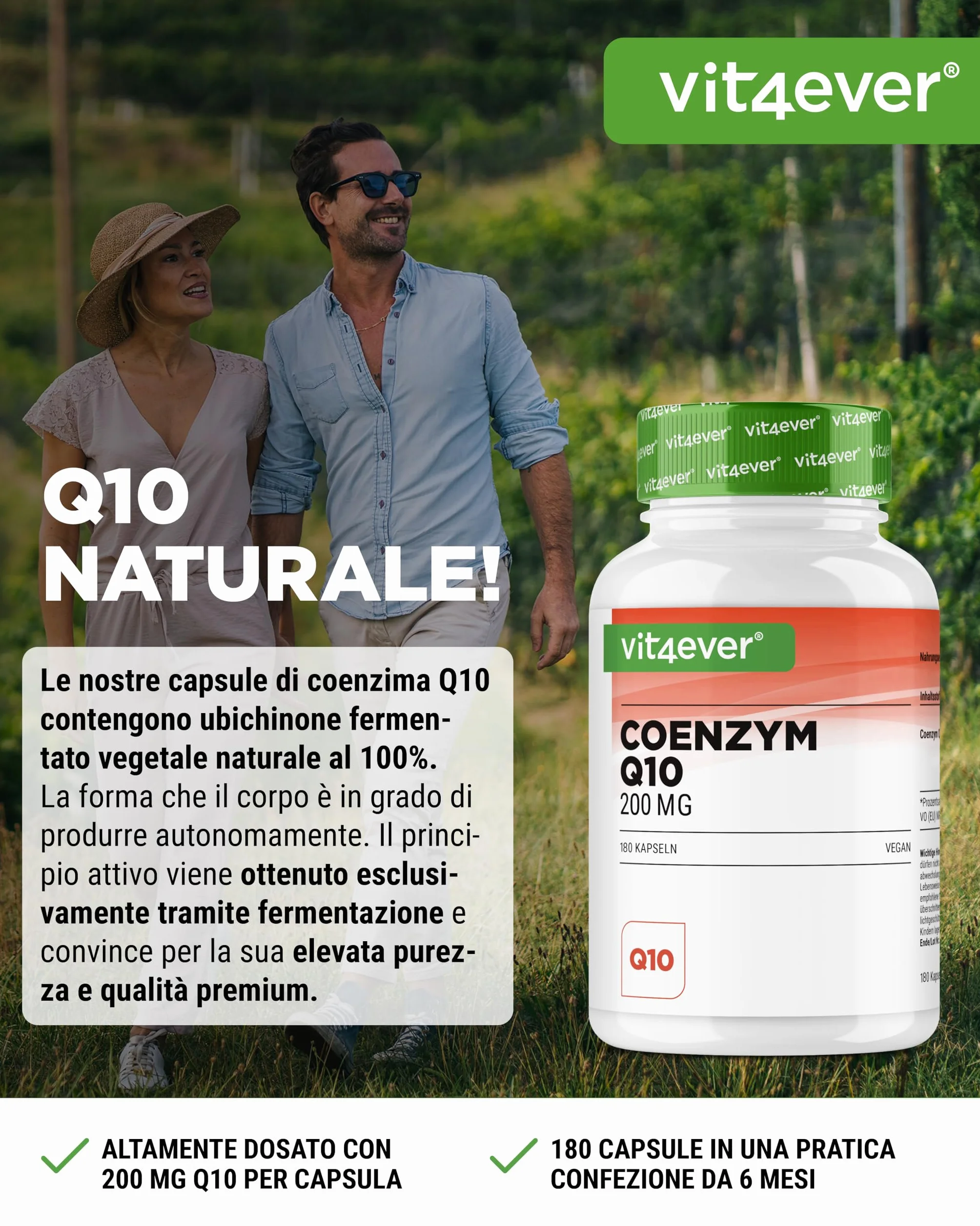 Coenzima Q10 con 200 mg per capsula - 180 capsule vegane - scorta per 6 mesi - Q10 di alta qualità - alto dosaggio, senza additivi inutili