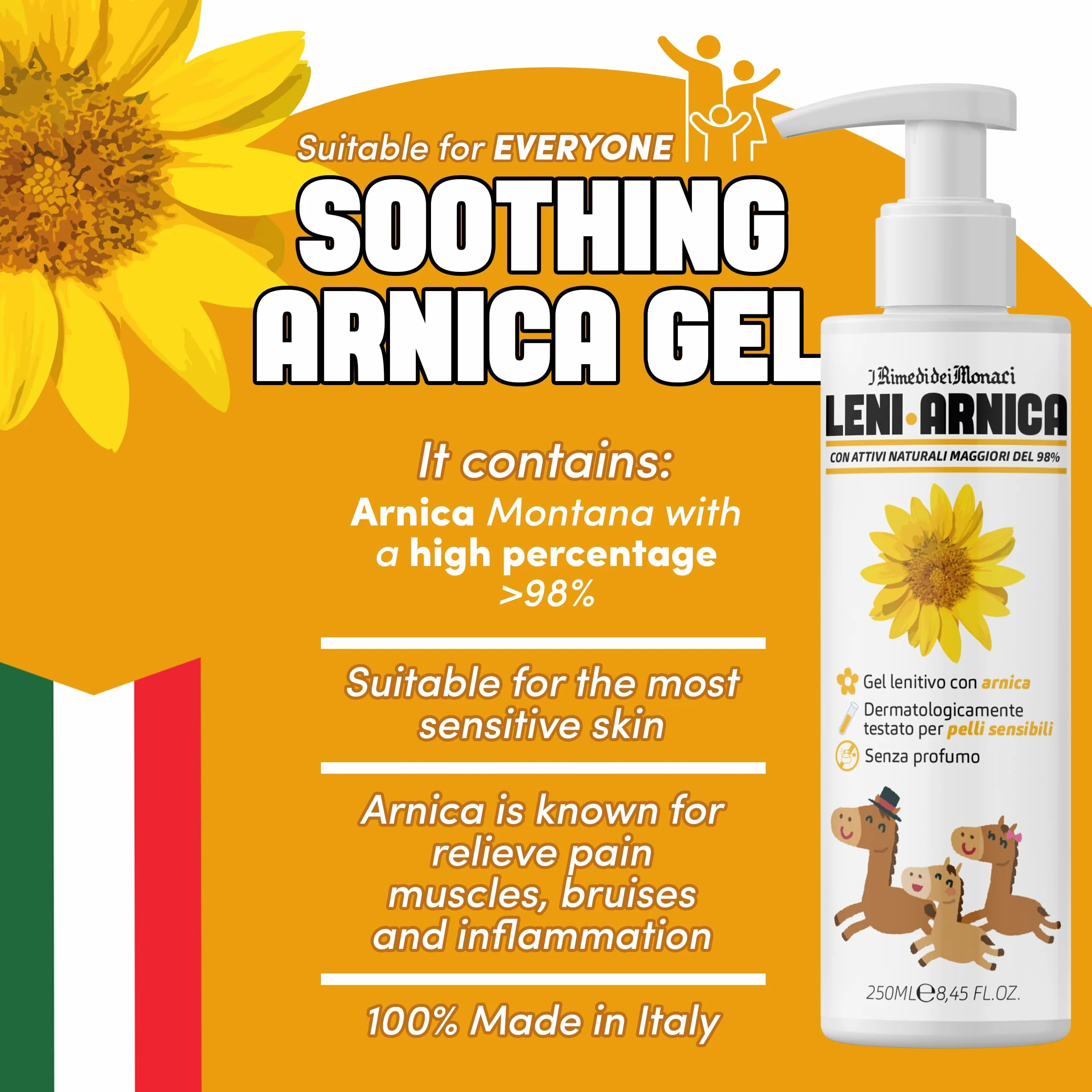 LeniArnica Gel Arnica Montana 98% Pelli Sensibili 250ml - Lenitivo Ipoallergenico Senza Profumo