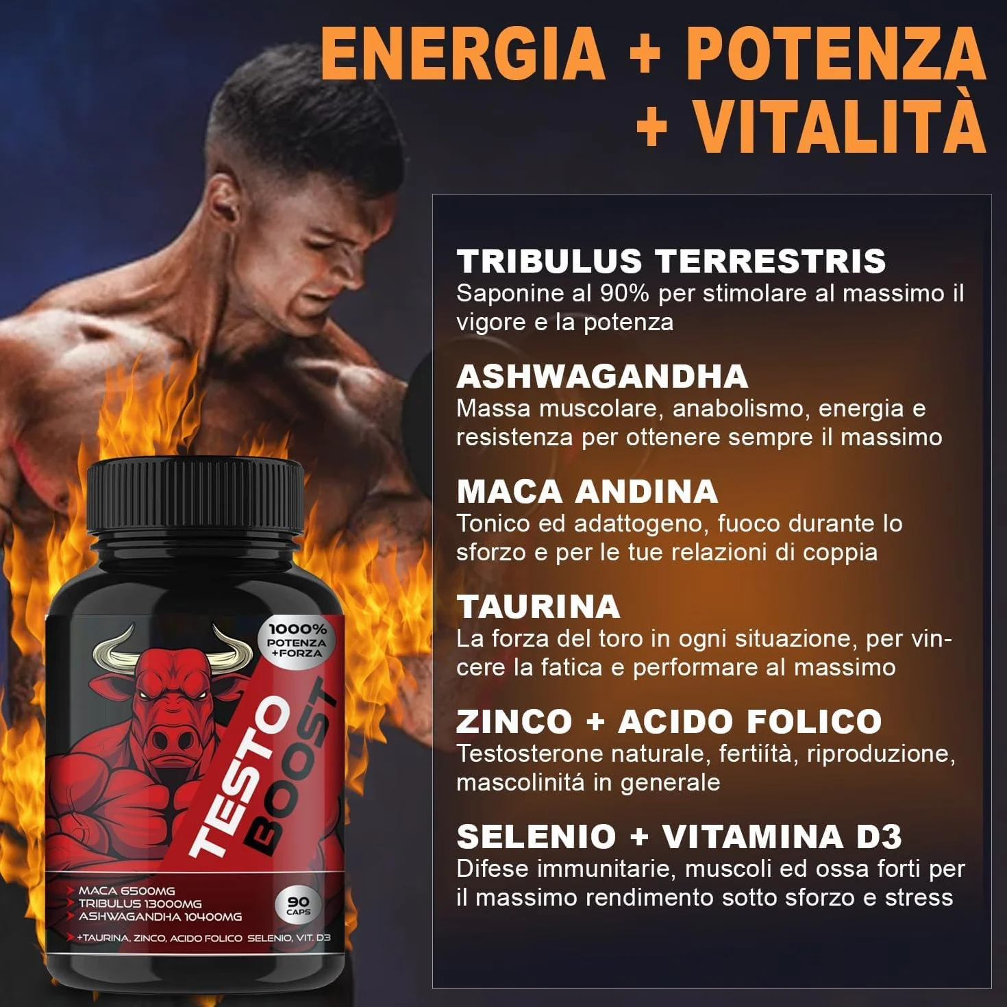 Maca 6500mg, Ashwagandha 10.400m,g Tribulus 13.000mg + Taurina, Zinco e Selenio | Alto Dosaggio, 120 Capsule