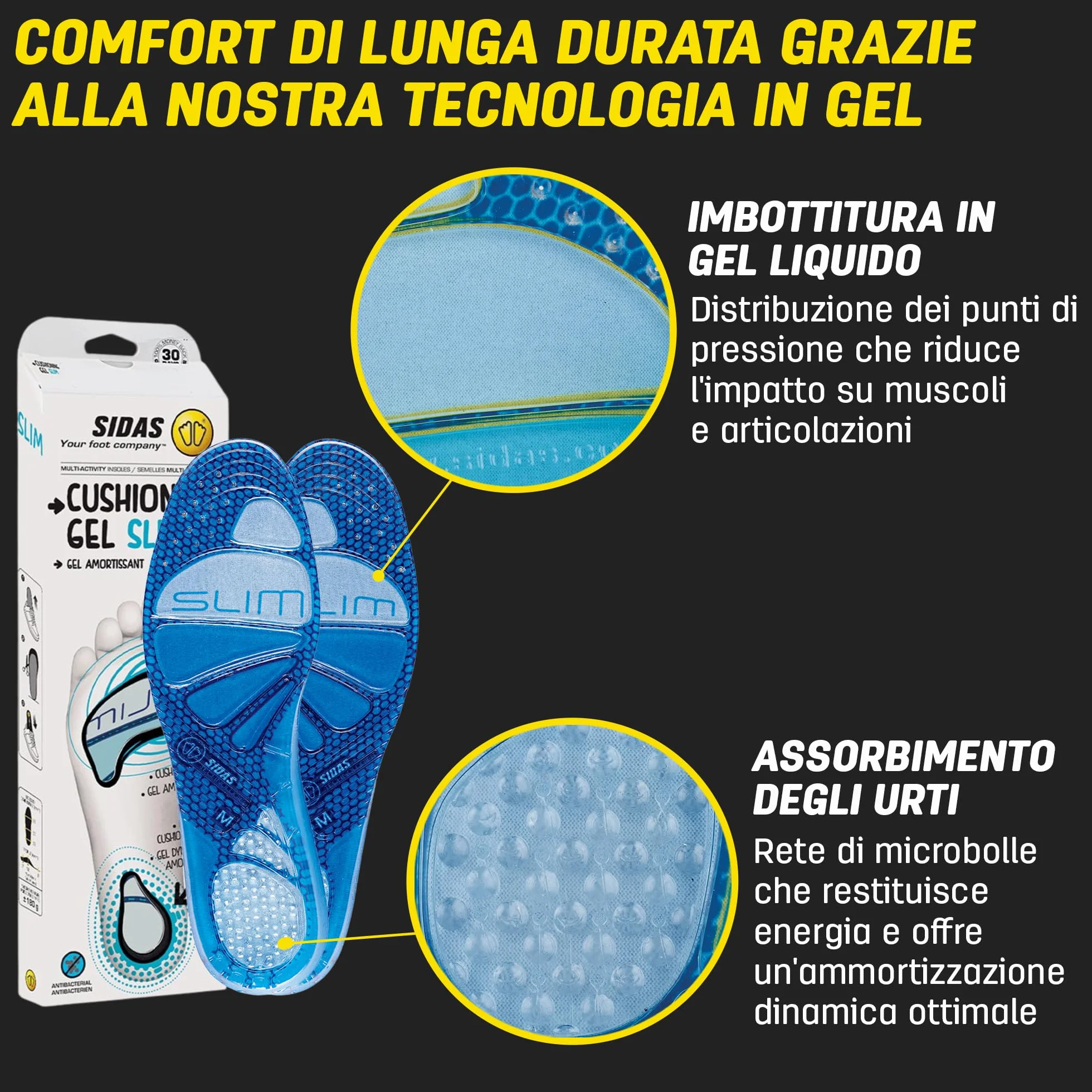 Sidas Gel Slim Solette in Gel Ammortizzanti e Antibatteriche per Camminare o Lavorare Comfort Traspirabilità