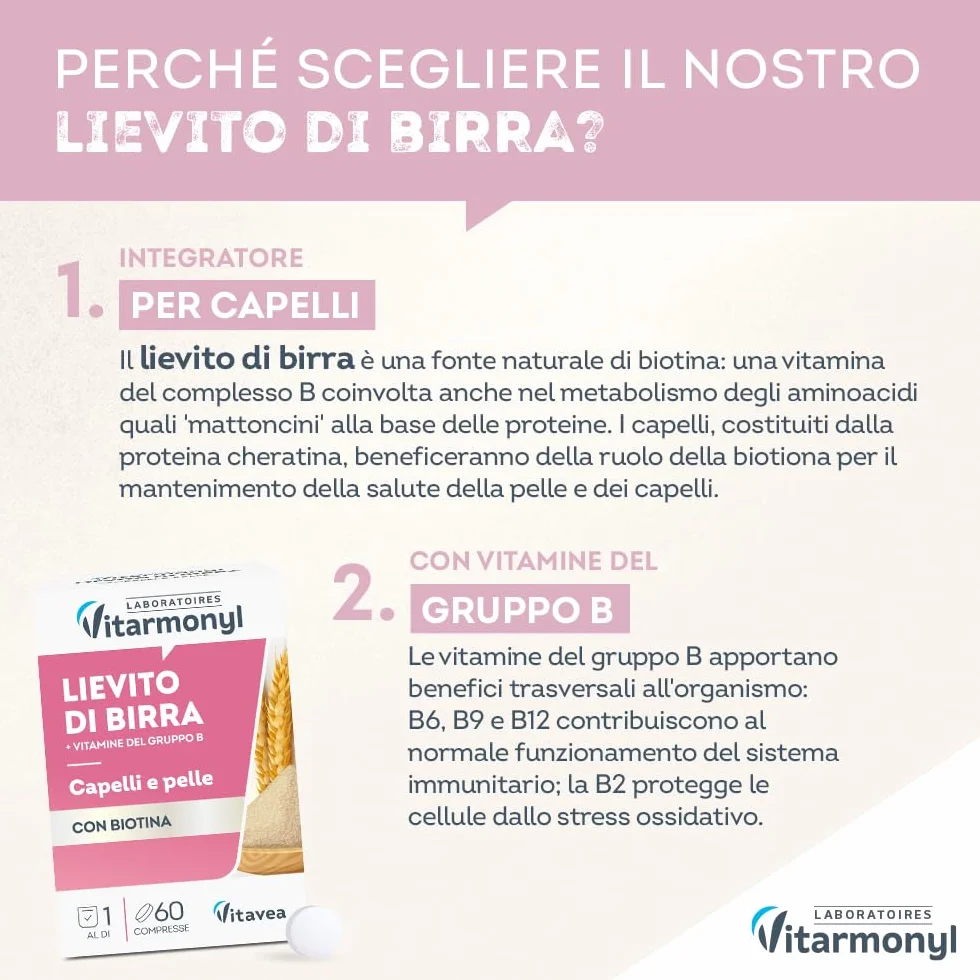 Vitarmonyl Lievito di Birra 60 Compresse per Capelli e Pelle con Biotina e Vitamine B1, B2, B3, B6, B9, B12