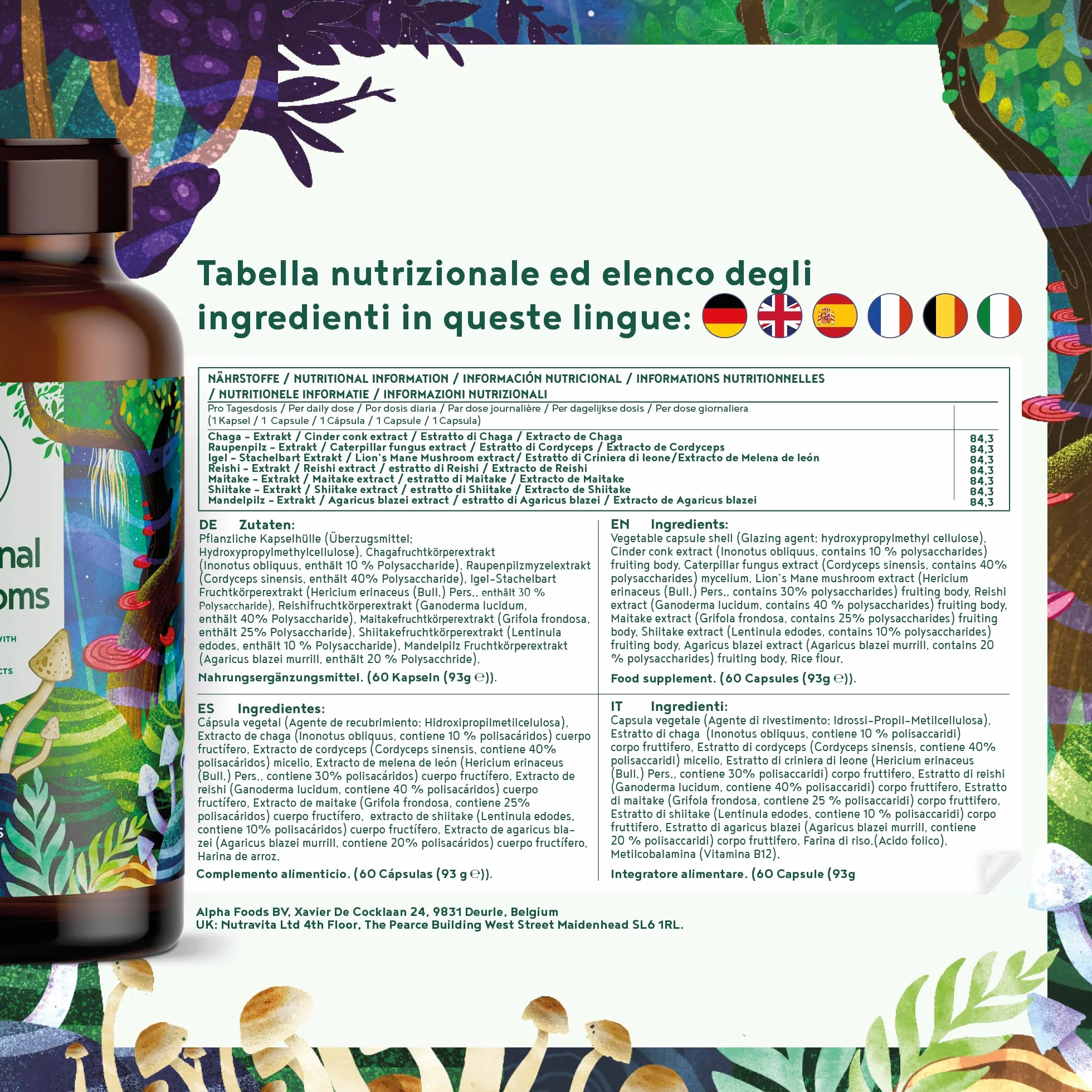 Funghi Funzionali con Maitake, Funghi Shiitake, Cordyceps, Fungo Reishi, Agaricus, Lions Mane | Integratore Multivitaminico Completo per Difese Immunitarie Adulti e Salute del Cuore | Alpha Foods