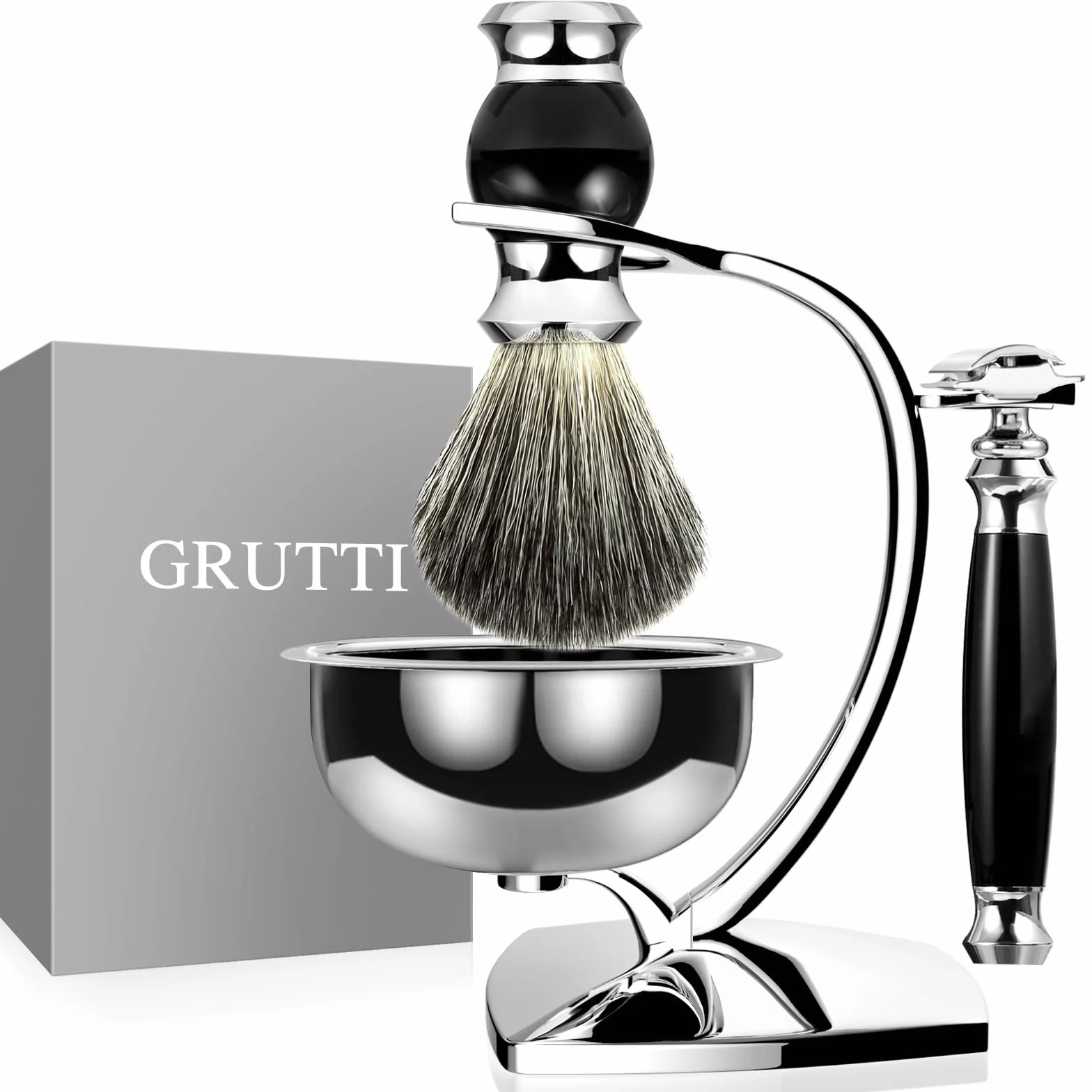 GRUTTI Set di pennelli da barba Premium con portaspazzole in tasso e portaspazzole per sapone e set da barba manuale per regalo da uomo