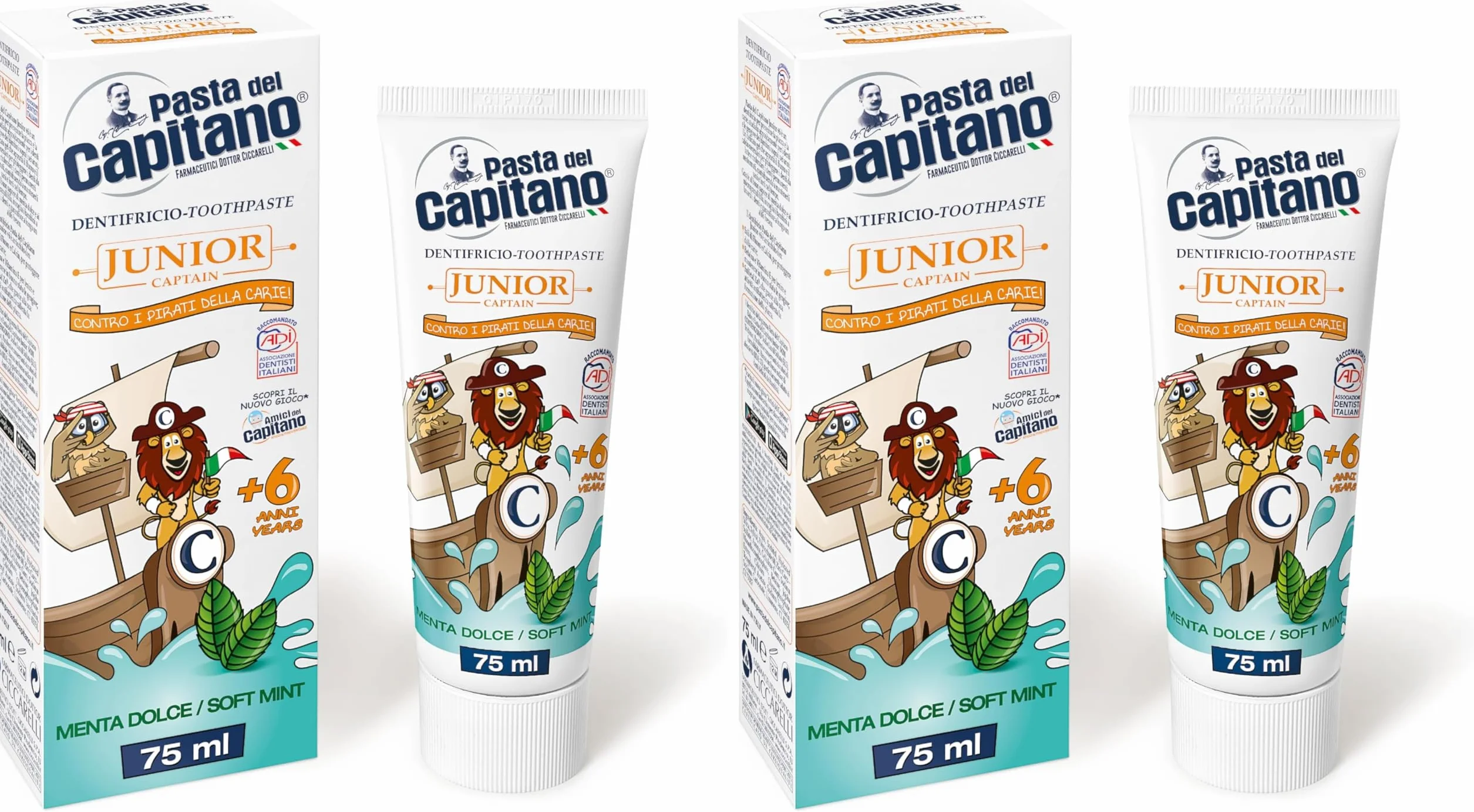 Pasta del Capitano Dentifricio Junior + 6, Menta Dolce, 75ml (Confezione da 2)