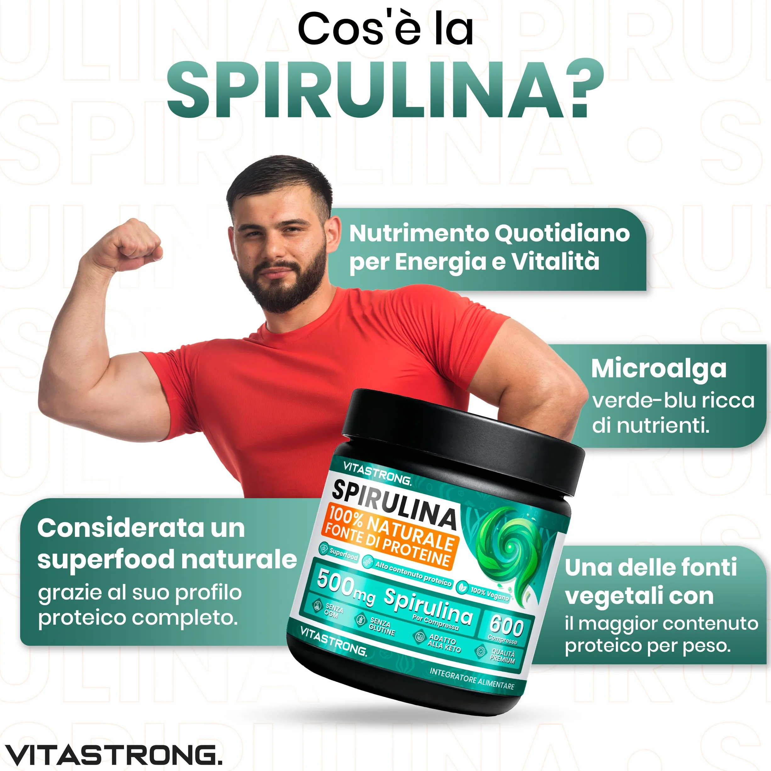 Vitastrong Spirulina Compresse 3000mg 600 Compresse Vegan Alto Contenuto Proteico Integratore Alimentare Senza Glutine OGM