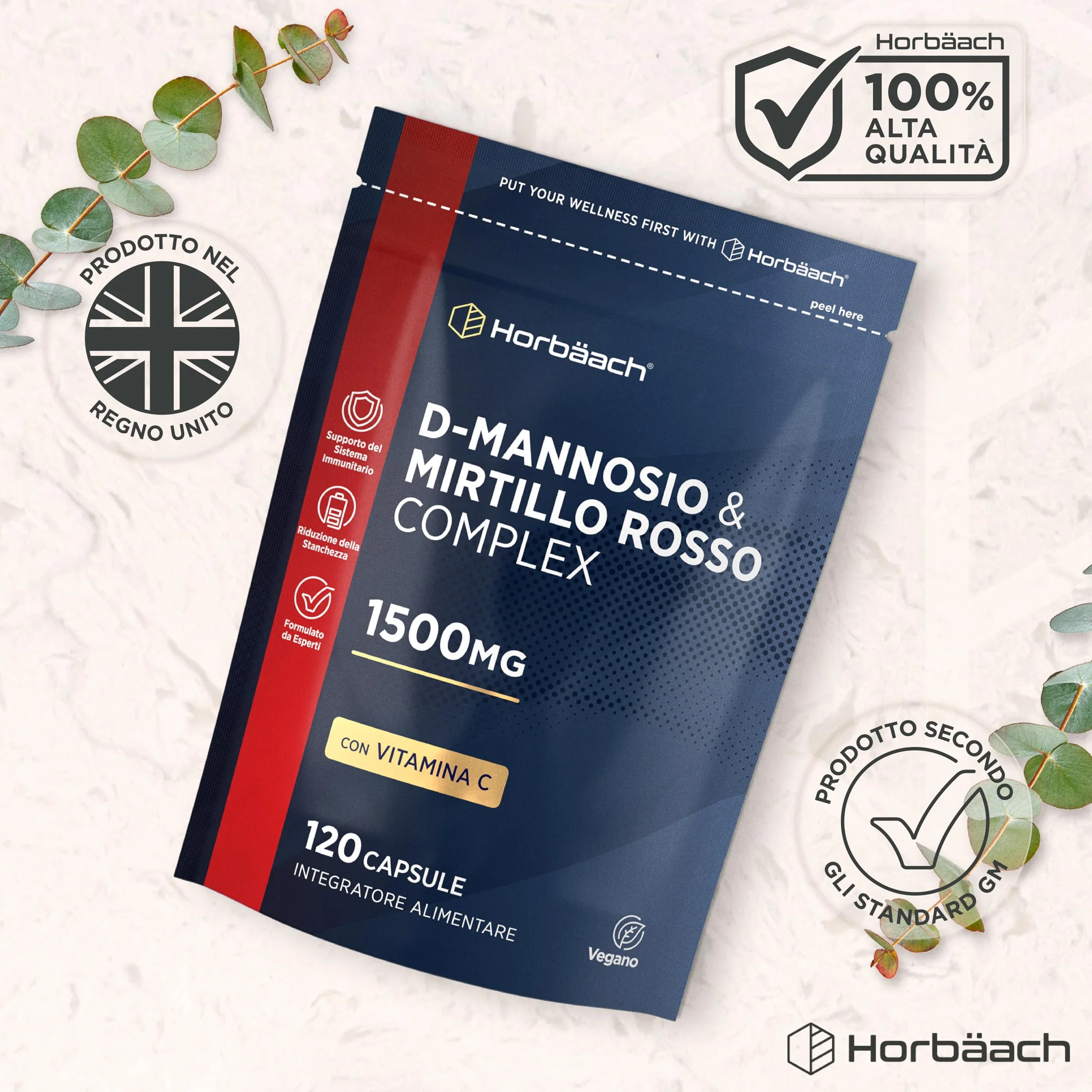 D Mannosio Cranberry 1500 mg | 120 Capsule Vegane | con Vitamina C | aiuta il Sistema Immunitario | di Horbaach