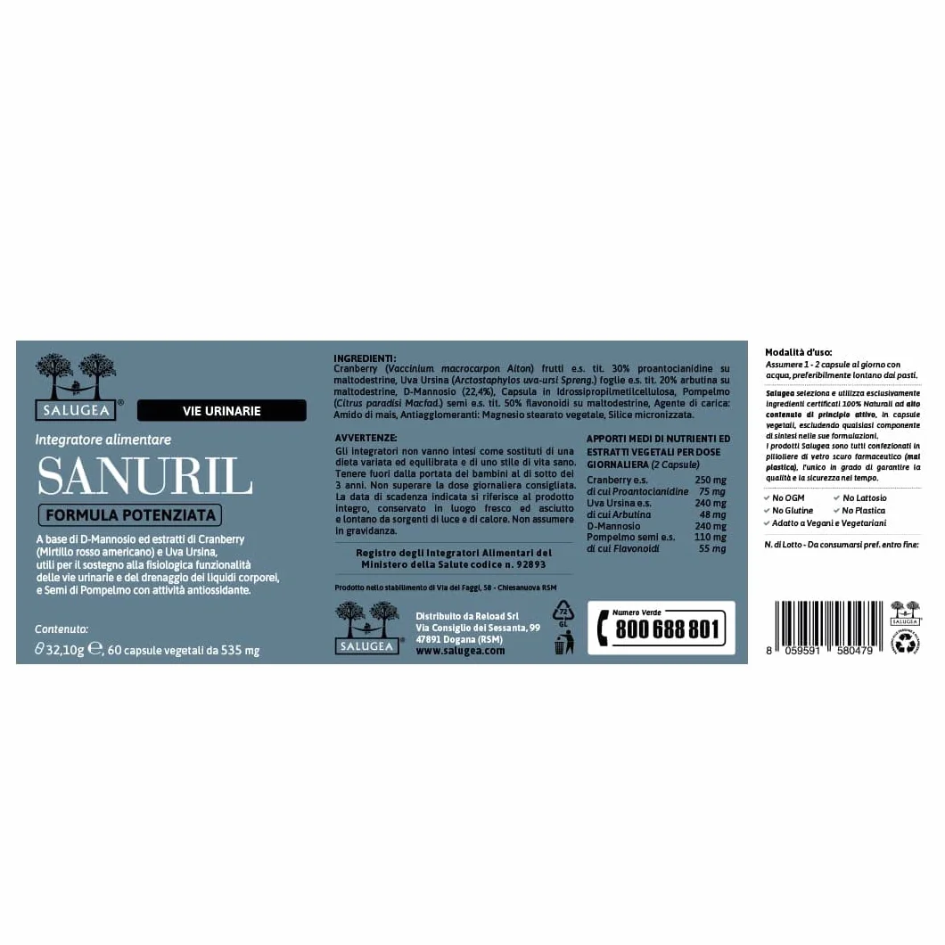 SANURIL Formula Potenziata Salugea Integratore 100% Naturale D-Mannosio Cranberry Uva Ursina Semi di Pompelmo Benessere Vie Urinarie 60 Capsule Flacone Vetro