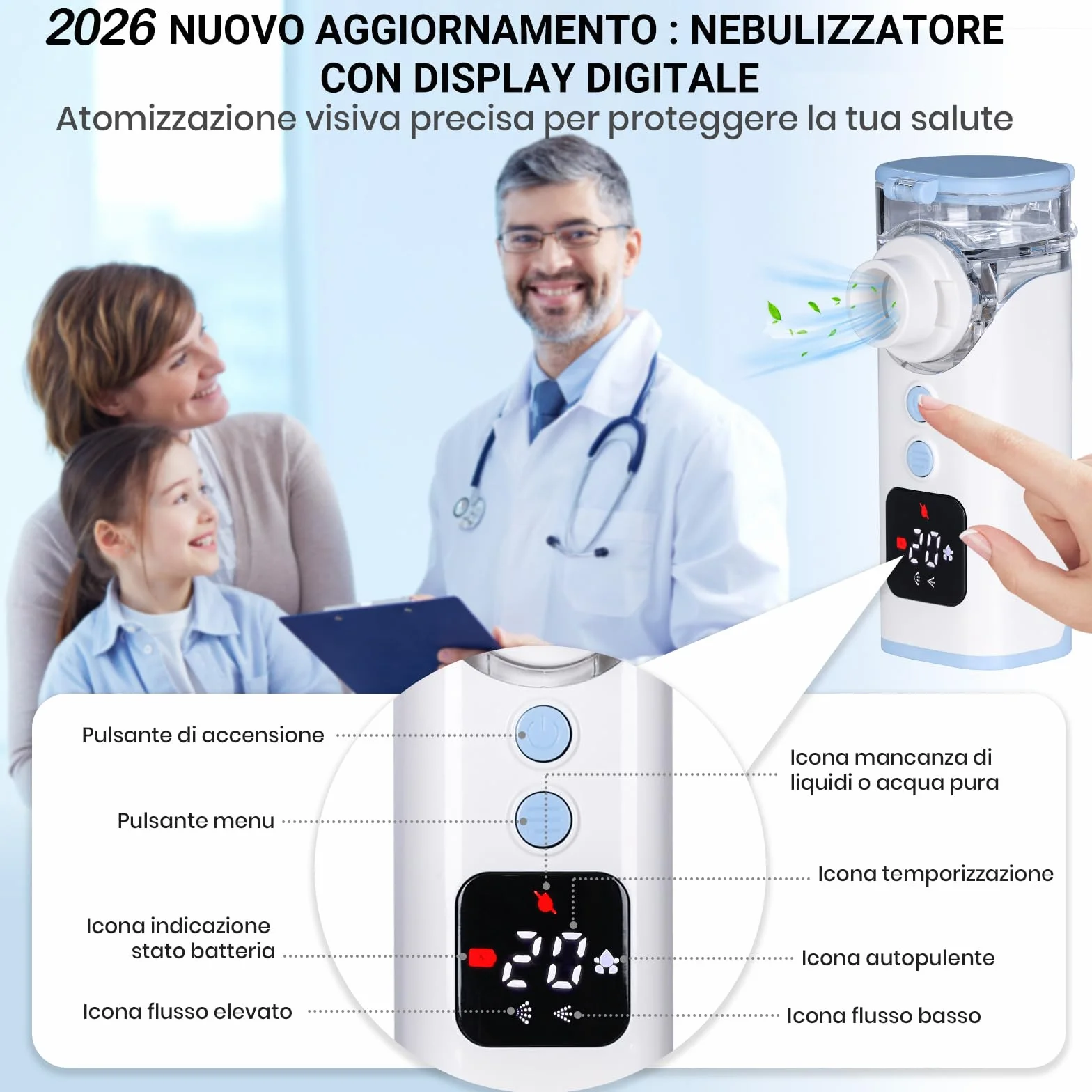 Aerosol Portatile Silenzioso HITHINKMED, Macchina Aerosol Ultrasuoni Ricaricabile USB-C con Display Digitale e Funzione di Pulizia Automatica Inalatore
