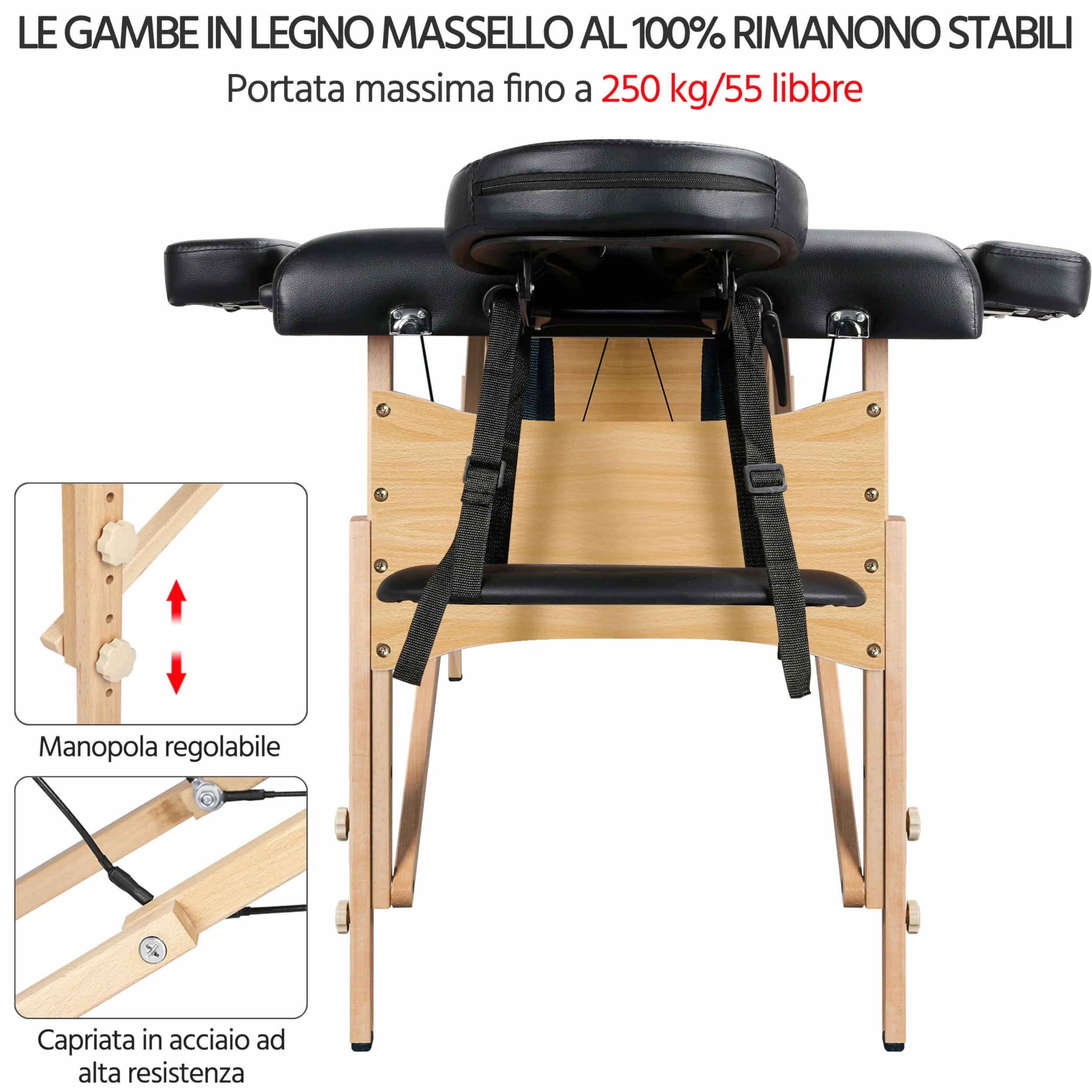 Yaheetech Lettino da Massaggio Pieghevole Portatile 2 Zone Portata 250 kg in Legno Faggio 213 x 70 cm per Fisioterapia Altezza Regolabile Poggiatesta e Briaccioli Rimovibili