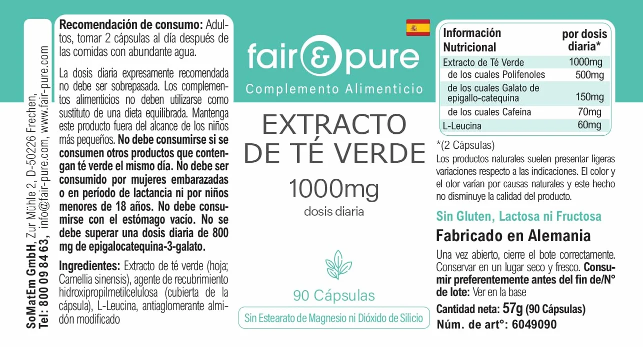 Fair & Pure® - Estratto di tè verde 1000 mg (Camilla sinensis) - 90 capsule - 50% polifenoli (tra cui EGCG) - vegano - senza magnesio stearato