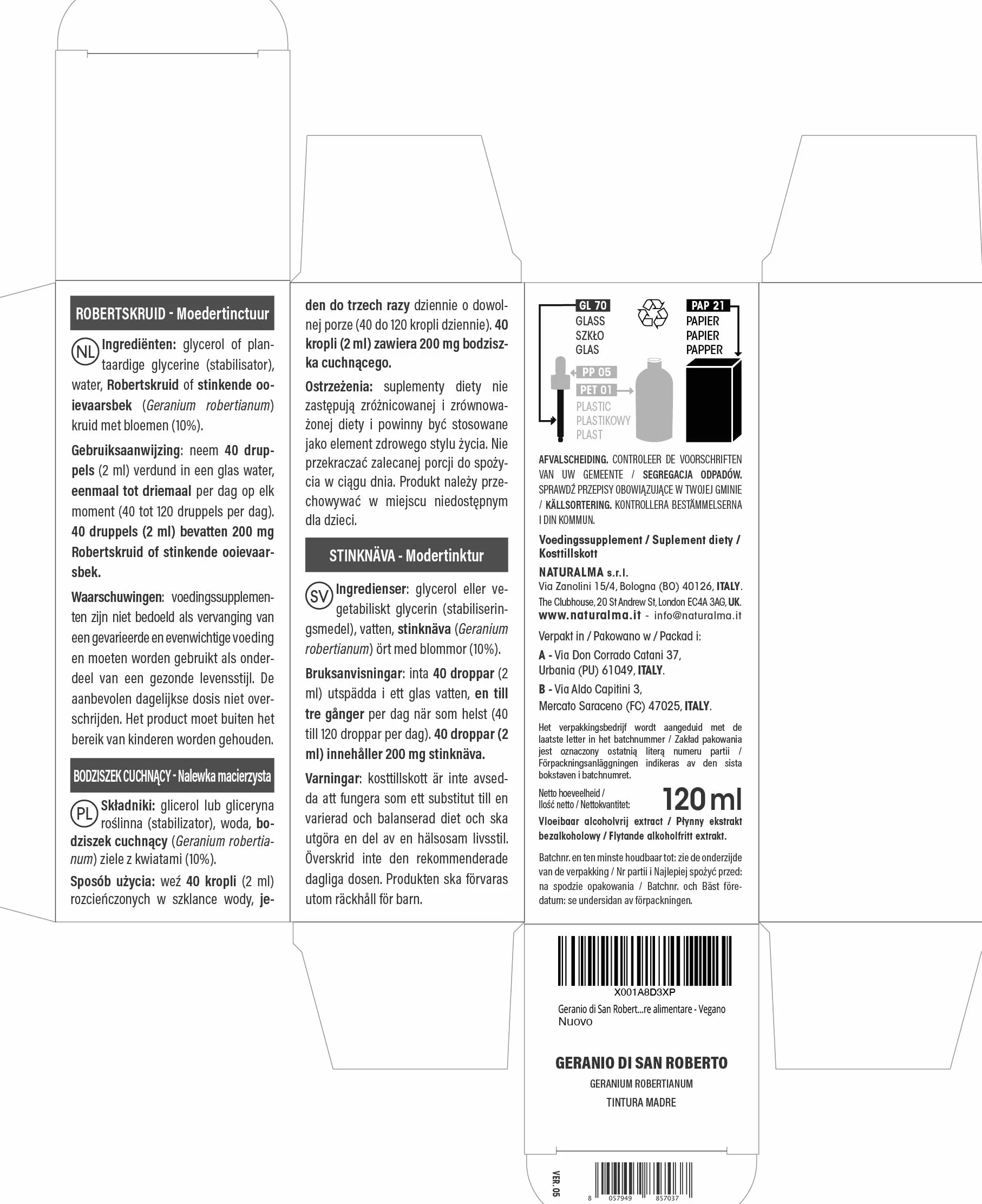 Geranio di San Roberto o Erba Roberta (Geranium robertianum) erba con fiori Tintura Madre analcoolica Naturalma - Estratto liquido gocce 120 ml - Integratore alimentare - Vegano