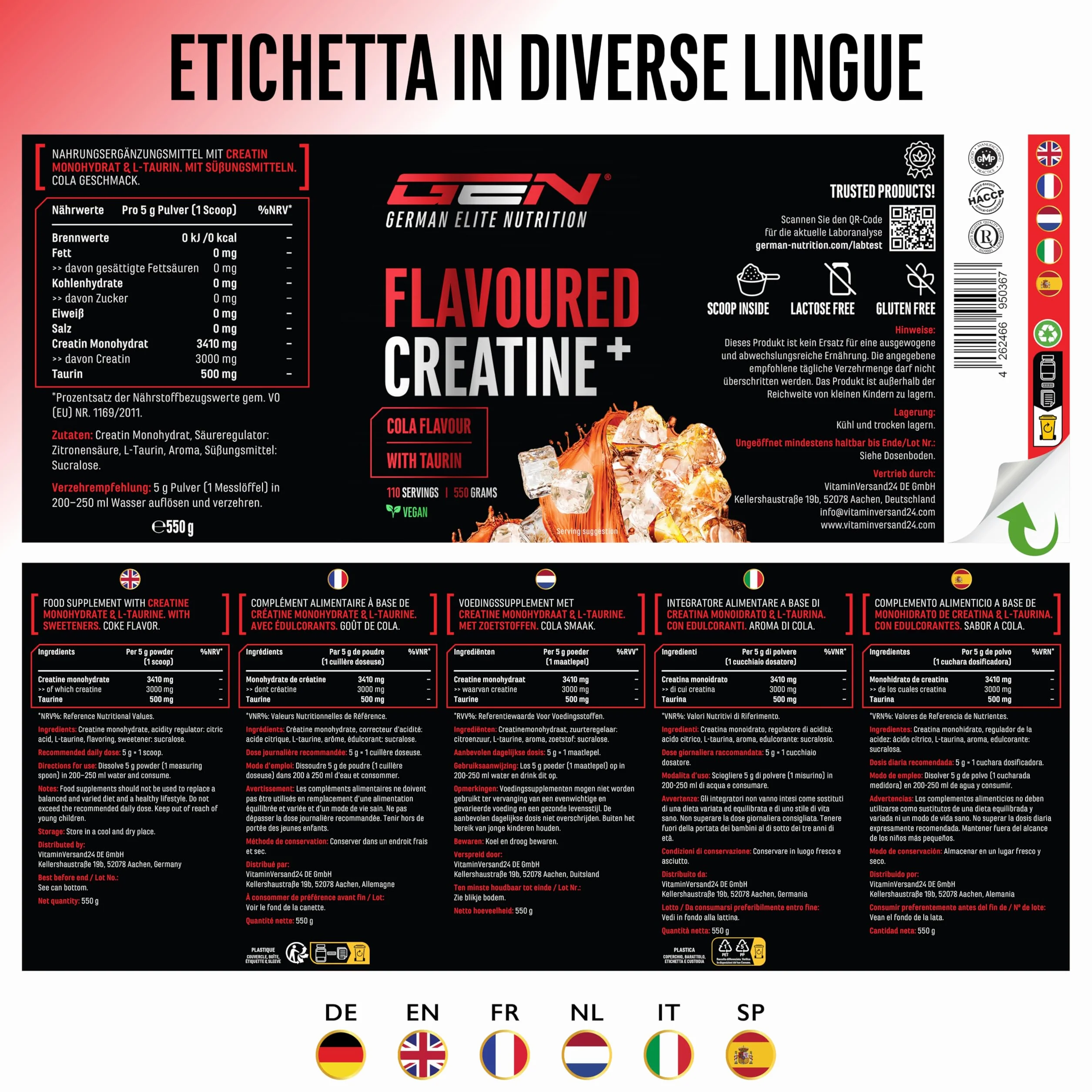 Flavoured Creatine polvere - 550 g - creatina monoidrato + L-taurina - creatina micronizzata aromatizzata - senza zuccheri & ottima solubilità - vegano (Cola)