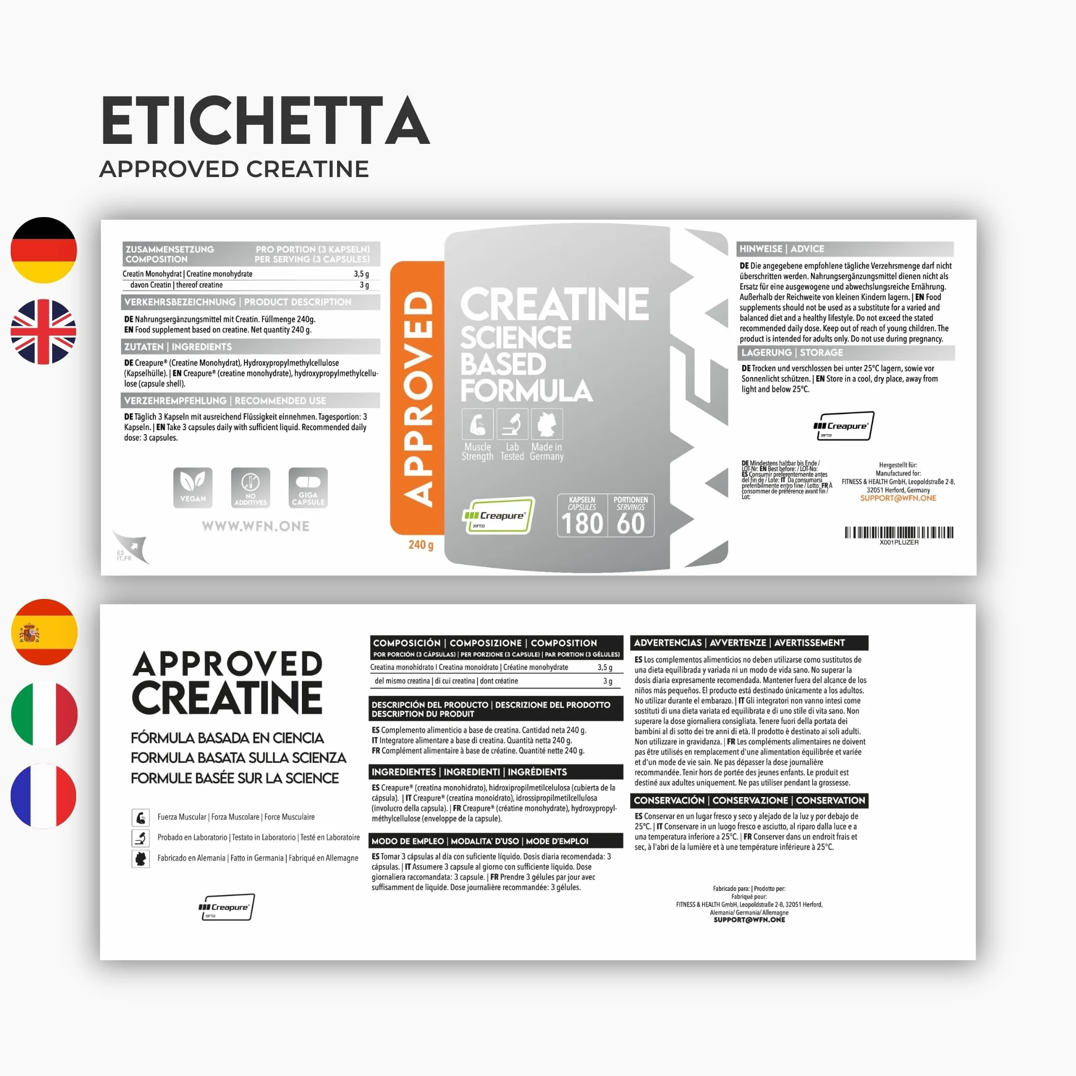 WFN Approved Creatine Caps - Creapure - 180 Capsule di creatina - Giga Caps ad alta dose - Pura creatina monoidrato - Vegano - 60 Porzioni - Prodotto in Germania - Testato in laboratorio esterno