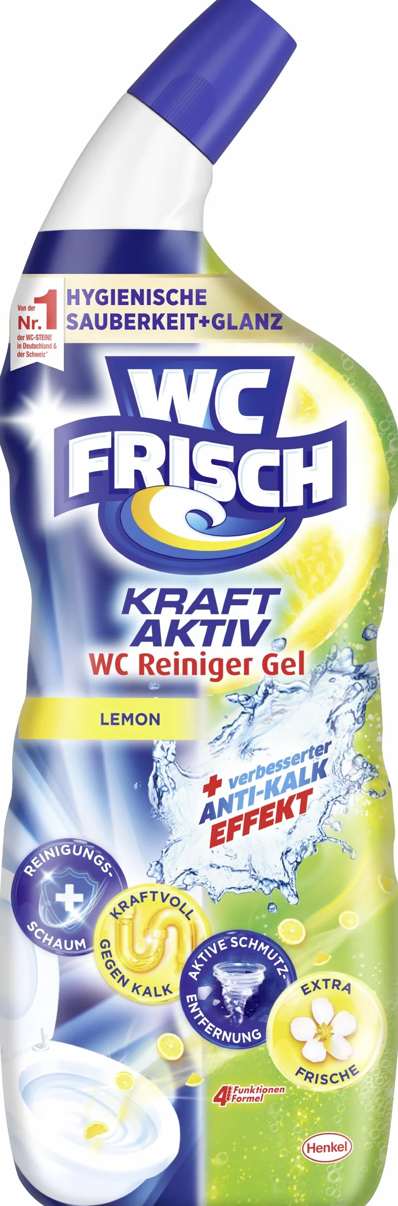 WC-Frisch Detergente per WC Gel Limone (750 ml), detergente per WC con effetto deodorante per ambienti, detergente per WC garantisce freschezza igienica, con combinazione di 4 attivi