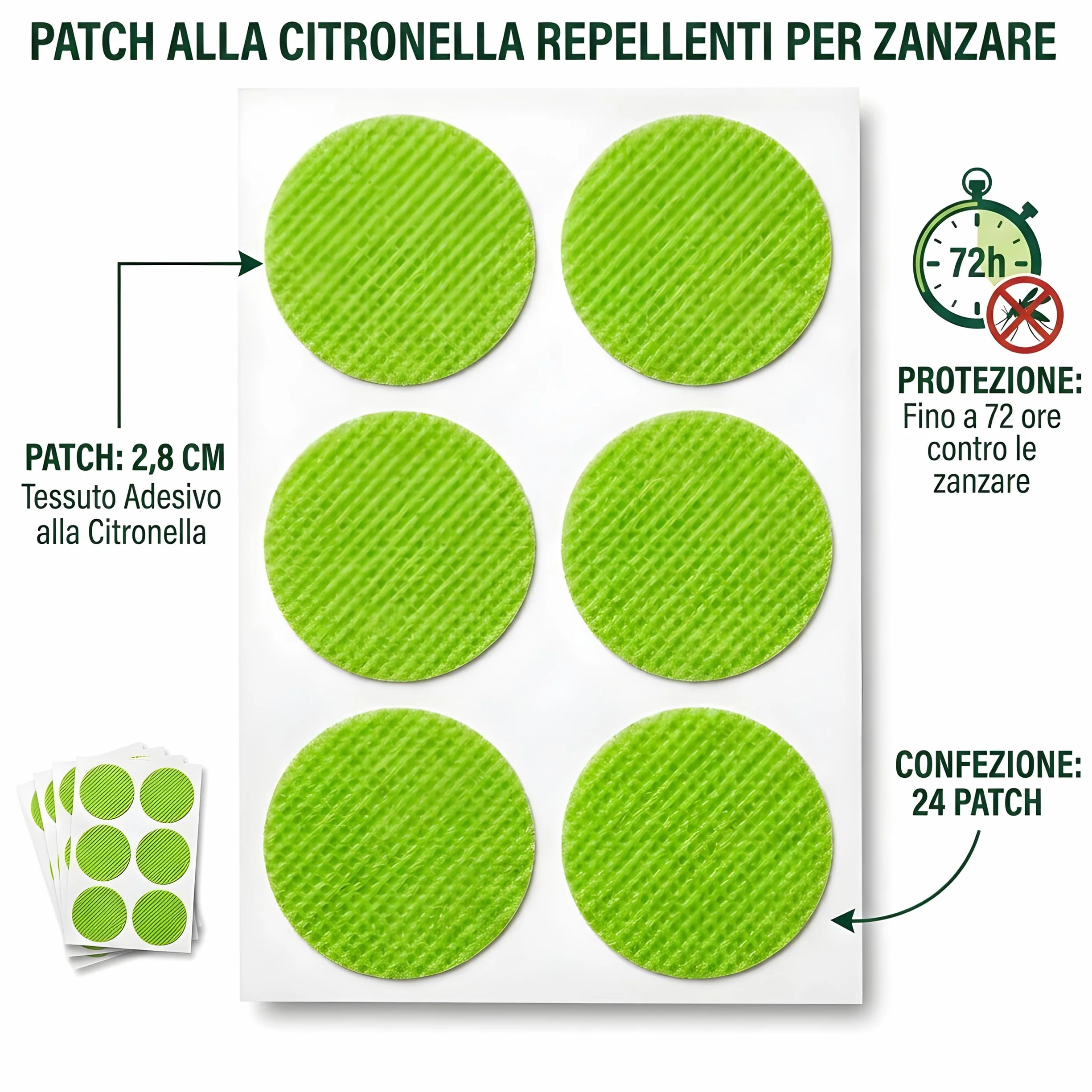Patches Adesivi Citronella 24pz 2,8cm Tessuto Naturale Protezione 72 ore Contro zanzare e insetti