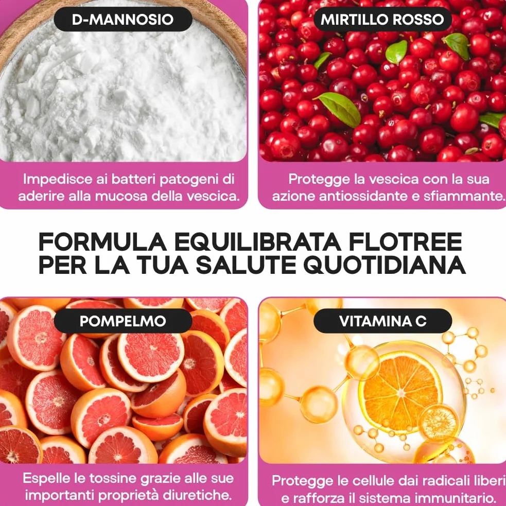 FloTree Lab® D Mannosio Cistite con Cranberry, Pompelmo e Vitamina C, 2000 mg, Integratore Vie Urinarie, 40 Capsule