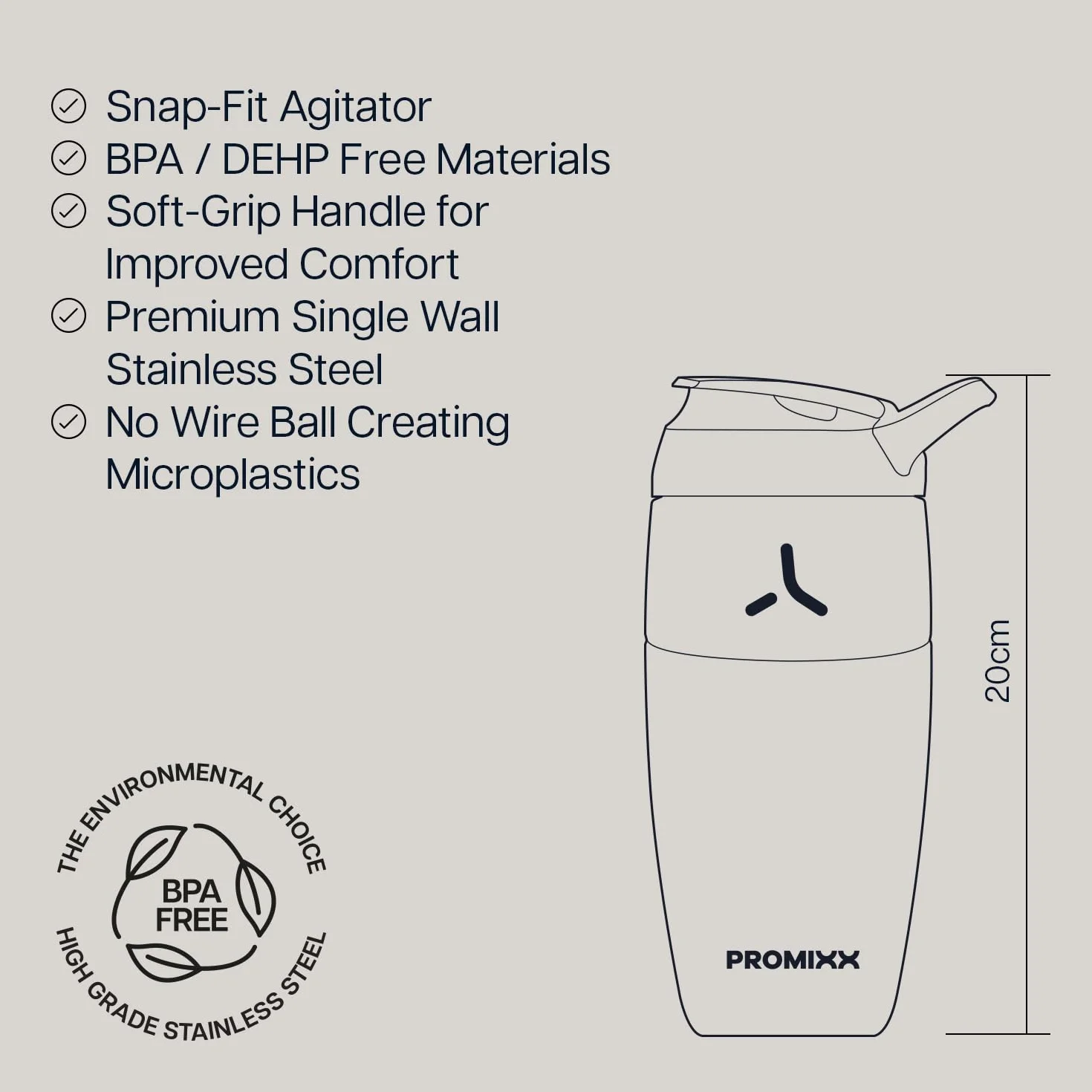 Promixx Pursuit Shaker Acciaio Inossidabile - 760ml Miscelatore Proteico Metallo Leggero con Snap-Fit per Frullati Lisci - Ermetico Anti-Odori per Fitness - Verde Alga