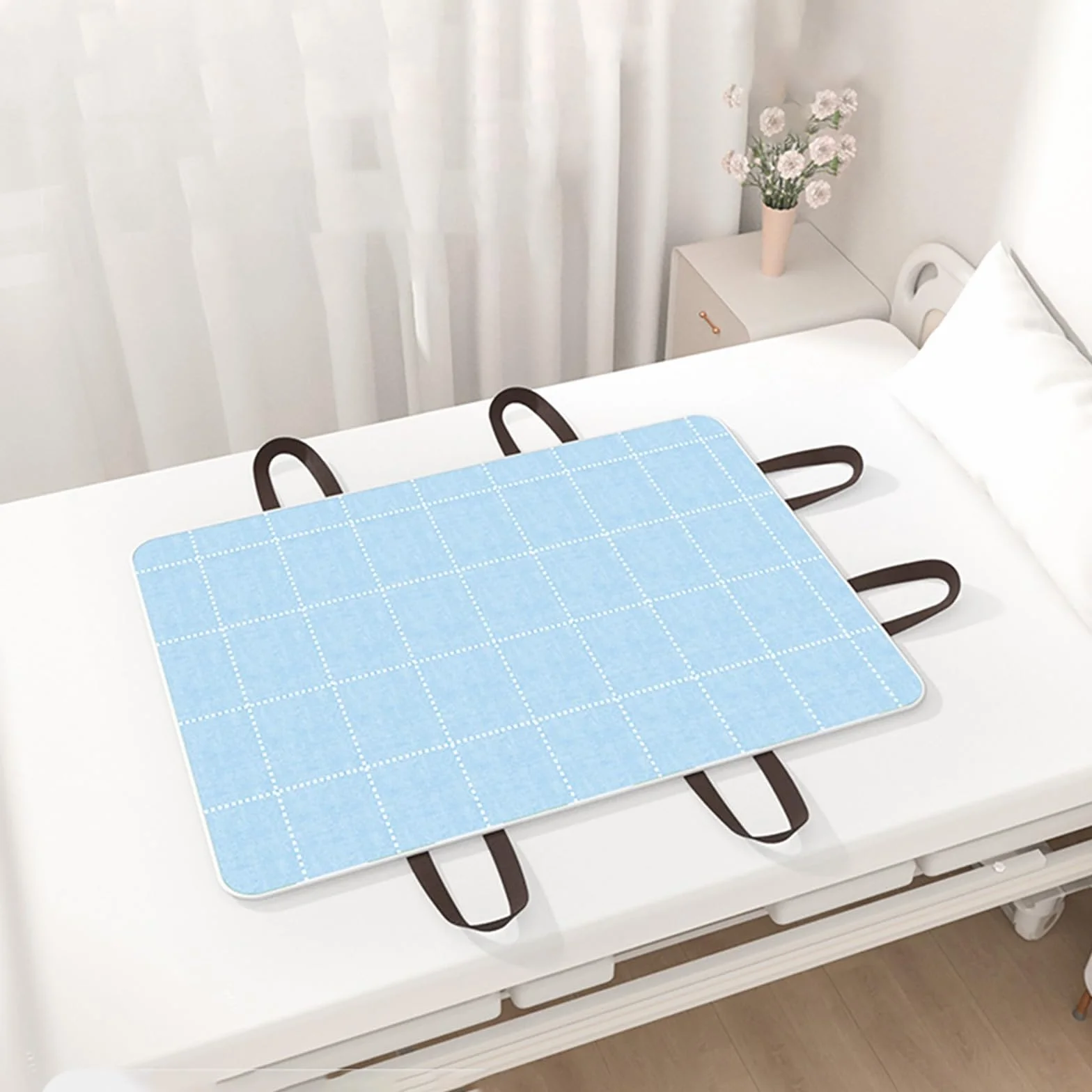 Letto Anziani con Maniglie Rinforzate Impermeabile Telo Riposizionamento 115x150cm Blu a Quadri